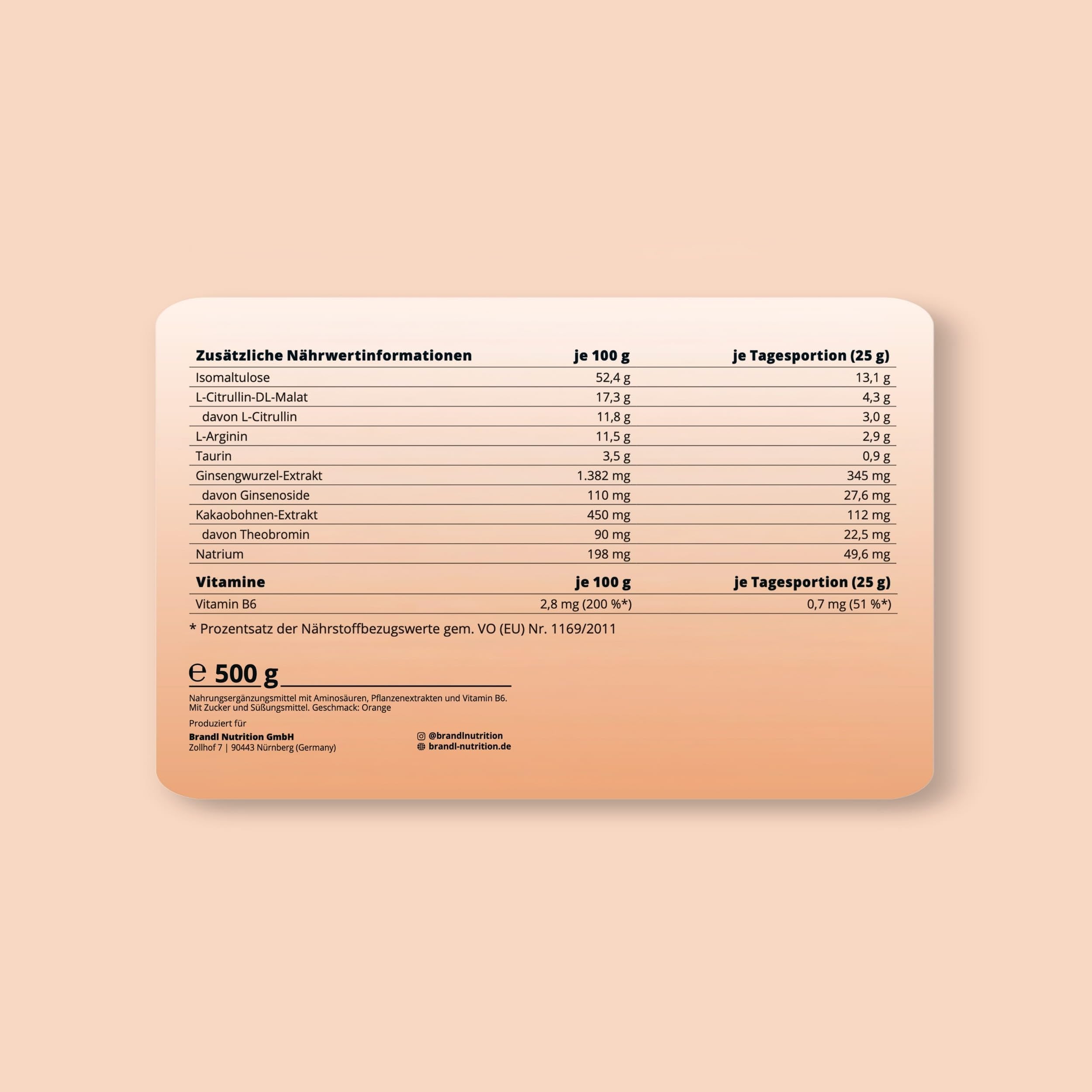 Pre Workout Booster/Shake, Vitamin B6, l-Citrullin, Arginin & DL-Malat, für Gym, Workout und Performance, flavour pulver tropical orange, unabhängig laborgeprüft – Stufe 1 – XL 500g ohne Koffein