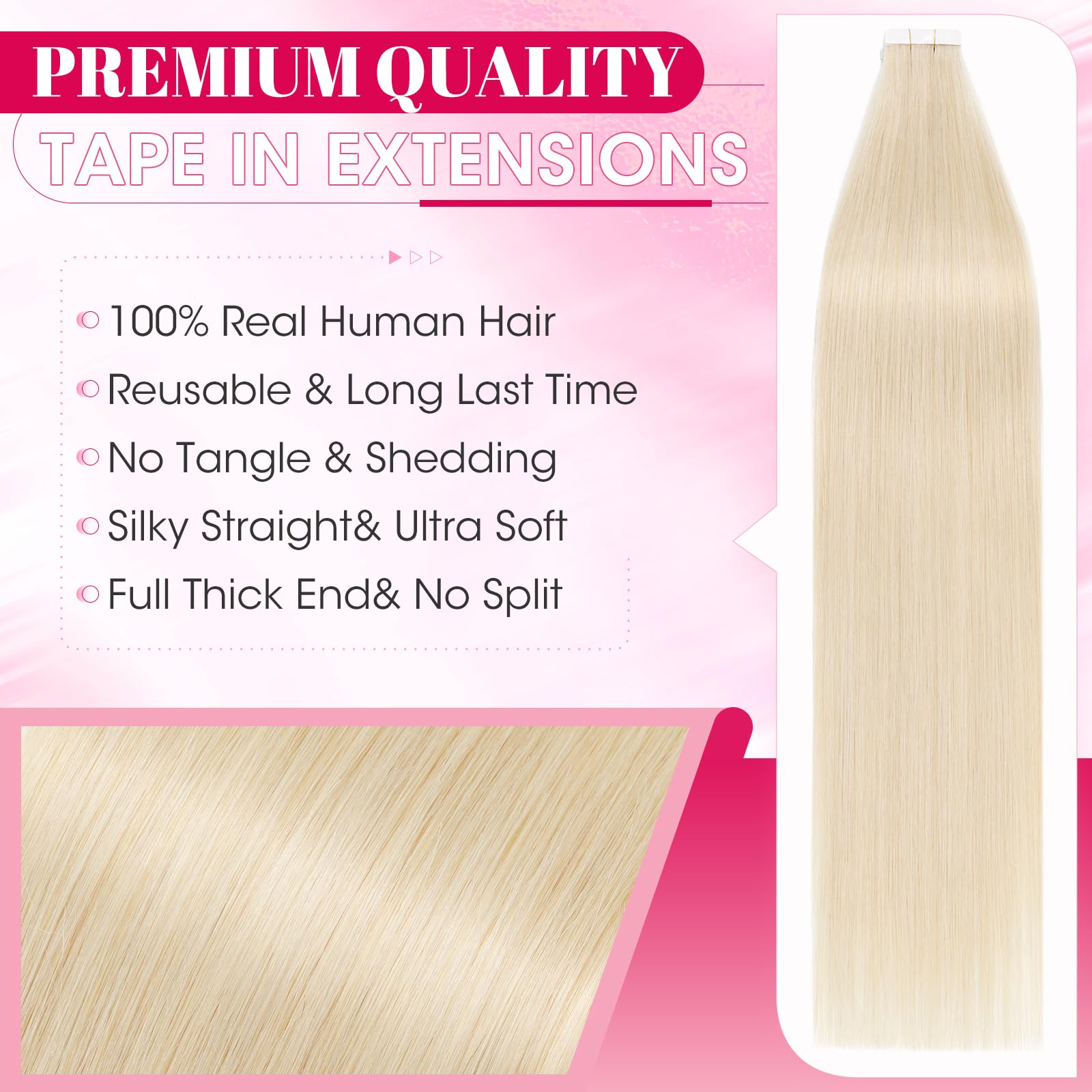 MY-LADY Seamless Invisible Tape Hair Extensions - 20pcs Remy Real Human Hair Straight #60 Platinum Blonde - 14 Inch 40g - Image 2