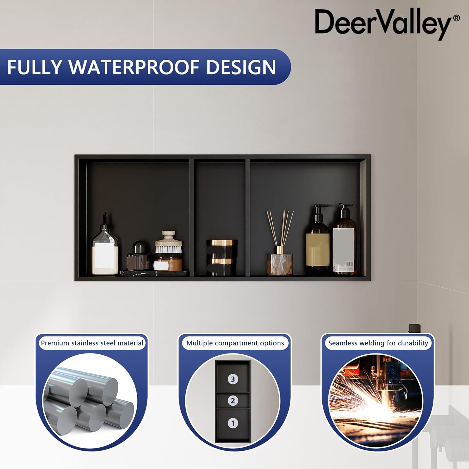 DeerValley Stainless Steel Niche for Shower Wall，NO Tile Needed Recessed Wall Niche Shelf for Bathroom Storage Cabinet，3-Tier Shelves (Black，13 * 31 in)