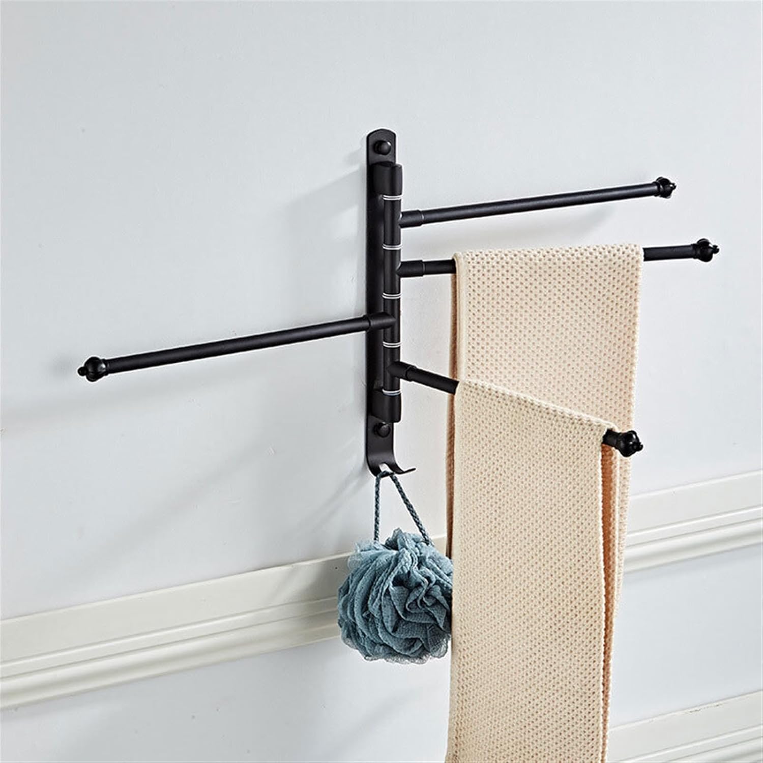 Hook Bathroom Swivel Towel Bar with Hooks, Wall Mounted Swivel Arm Towel Rack Stainless Steel Black Towel Rail Holder with 4 Arms