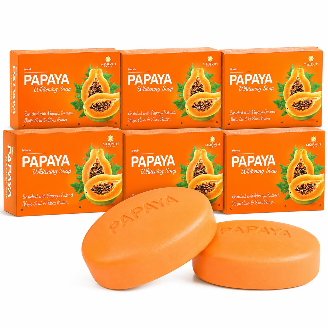 Morvin Papaya Bathing Bar Soap for Dark Spot & Acne Removal - Enriched with Papaya Extract Shea Butter – (75gm, Pack of 6)-image-39