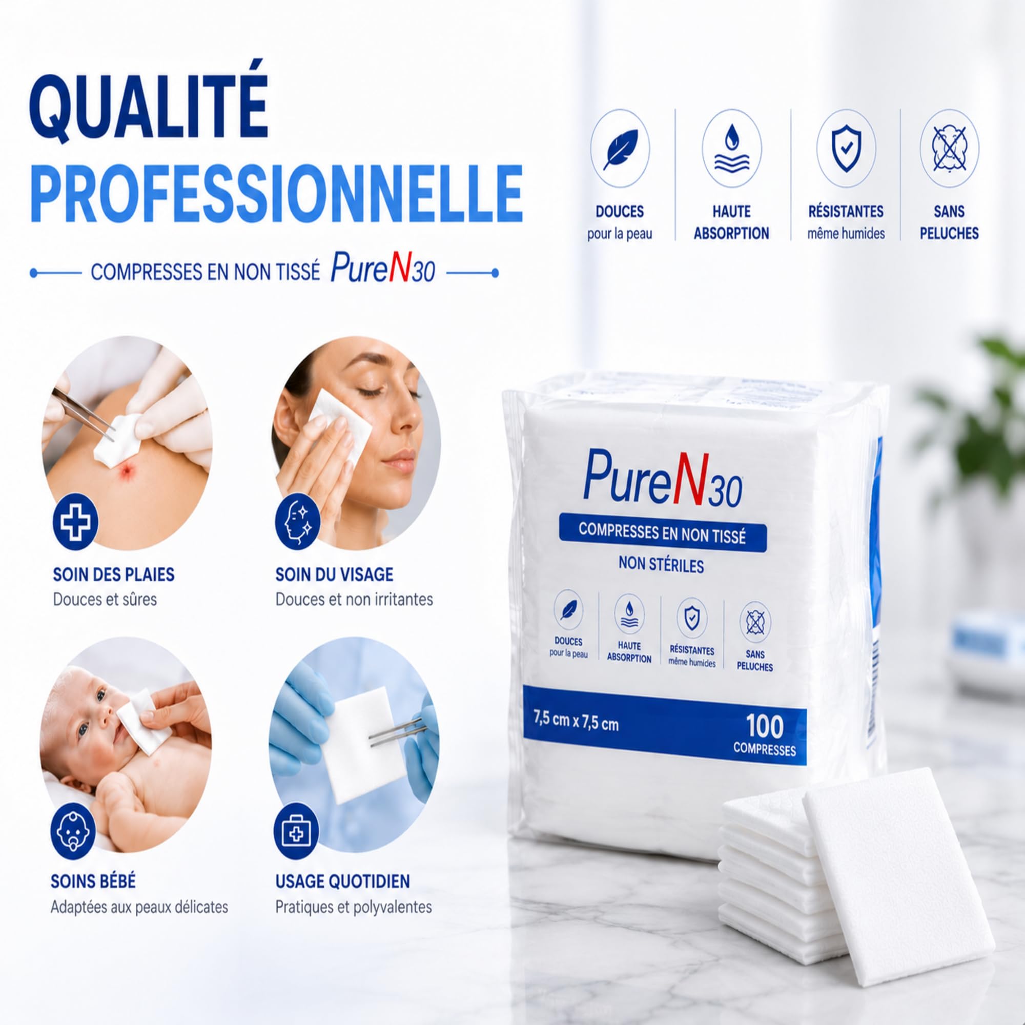 Lot de 10 Sachets de 100 Compresses Non Tissées Non Stériles (7,5 x 7,5cm) – Hypoallergéniques, Ultra-Absorbantes – Usage Médical et Domestique – Le Pro du Médical