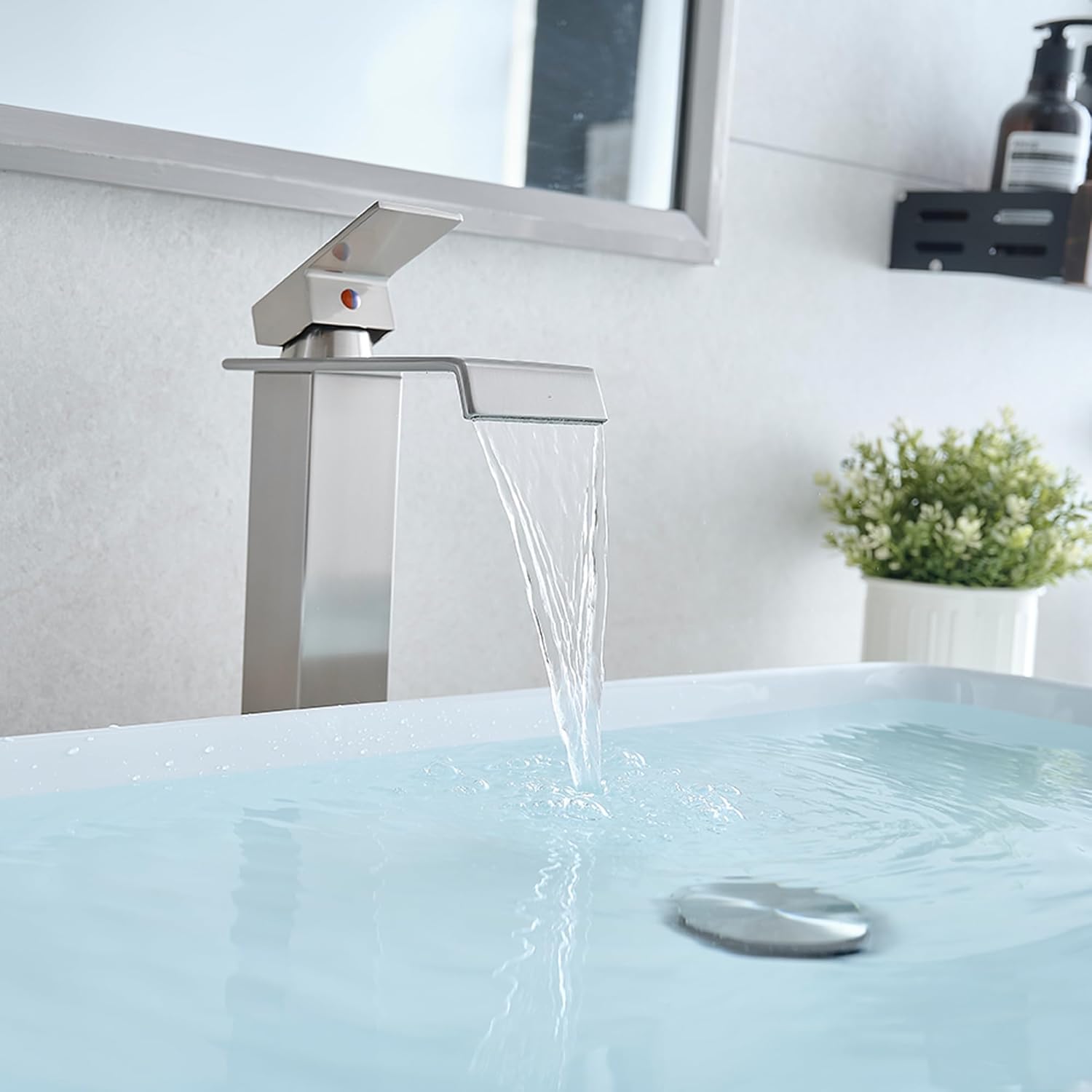 Tall Vessel Sink Faucet Brushed Nickel, Brass Waterfall Vessel Faucet, Single Handle Bathroom Faucet Tall Modern Bathroom Faucets for Vessel Sinks with Pop Up Drain and Supply Hoses - Image 8