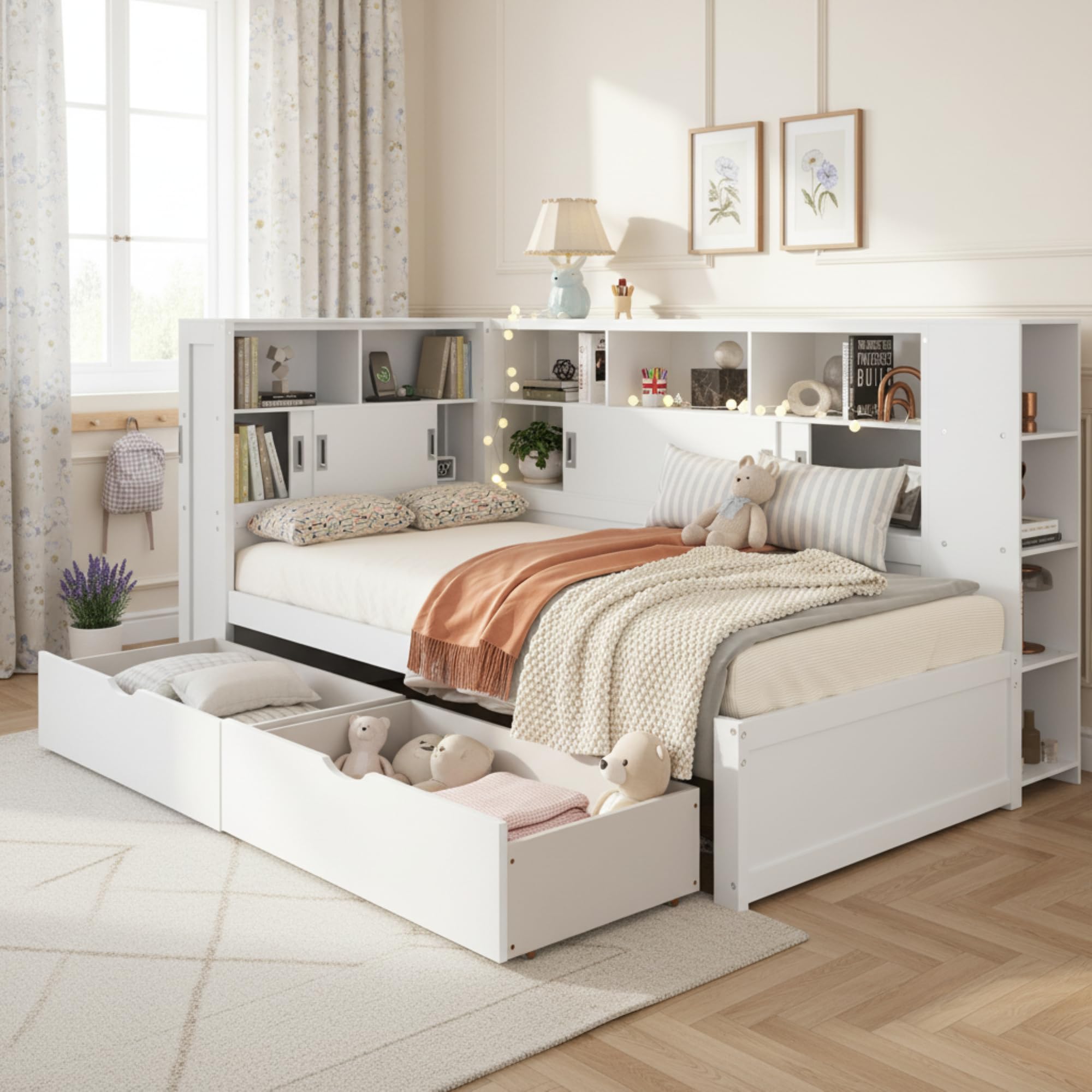 Platform Bed with Trundle & Bookcase & USB, 3ft Single Bed, Multifunctional Household Bed with 2 Storage Drawers, Dust-Proof Cabinet and Shelves, Large Storage Space, 190 x 90 cm, White