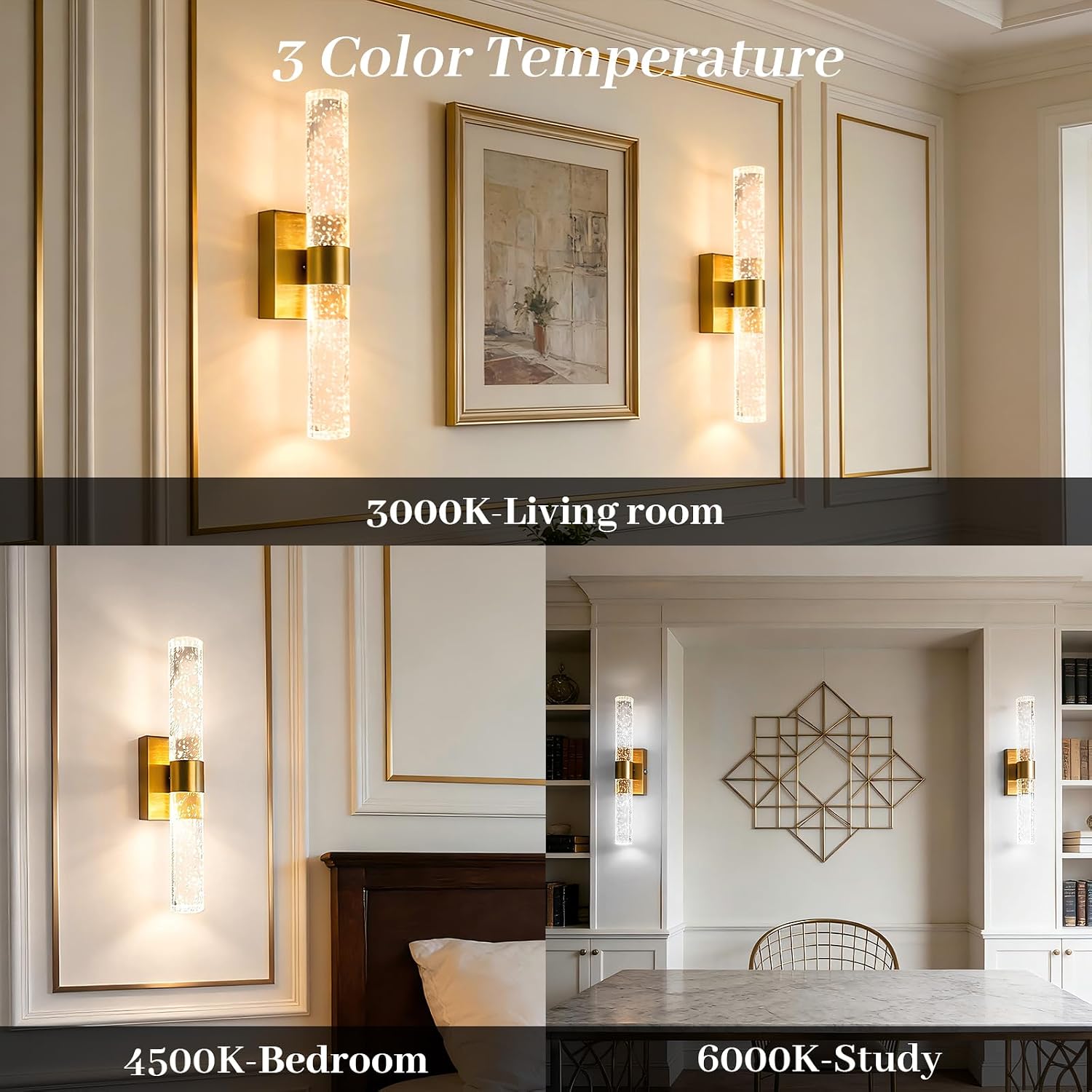LED Crystal Battery Operated Wall Sconce Set of 2, Gold Rechargeable Battery Powered Wall Lights with Remote, 3 Color Dimmable Wall Lamp for Living Room Bathroom Hallway