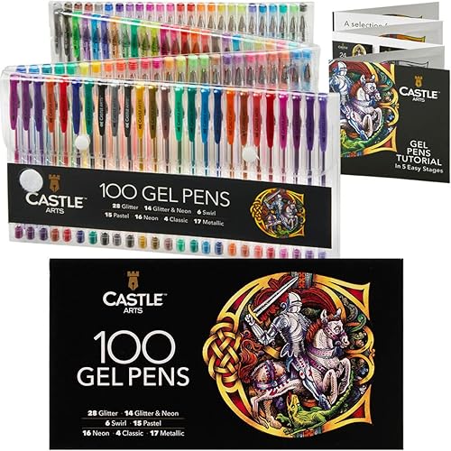 Castle Art Supplies - Juego de 100 bolígrafos de gel con funda para adultos y niños artistas, ideal para colorear libros de dibujo, álbumes de