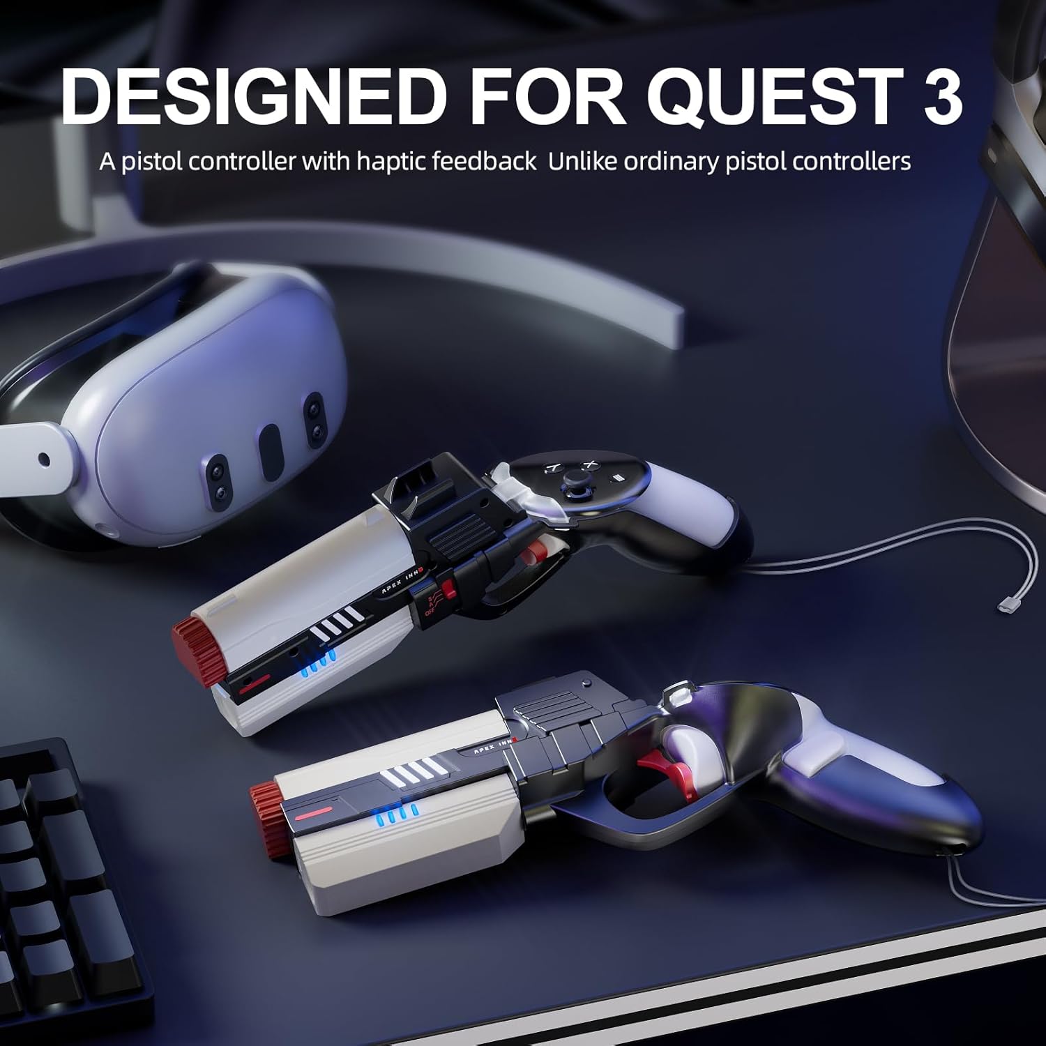 APEXINNO Handle Attachments for Meta Quest 3S and Quest 3 Accessories Haptic Pistol & Grips for Immersive FPS Action,Simulated Pistol Realistic Sensation,Full Protection - Complete VR Gaming Sensation