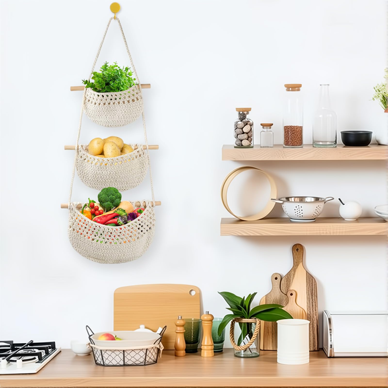 Obstkorb Hängend 3 Stöckiger Hängekorb Küche, Handgewebte Hängekorb Obst, Hängender Wandtasche Organizer für Obst, Snack und Gemüse Aufbewahrung