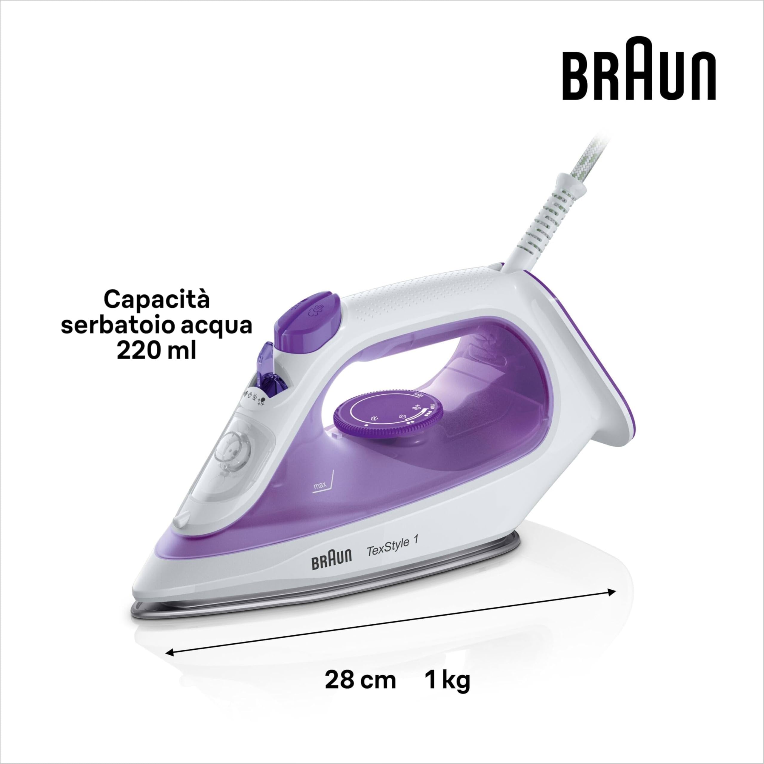Braun TexStyle 1 SI1080VI, Ferro da Stiro CON 5 ANNI DI ASSISTENZA Piastra SuperCeramic, Punta di Precisione, 130g/min,Ricarica da 220ml, Eco Mode, Sistema Antigoccia, 2000W, Viola