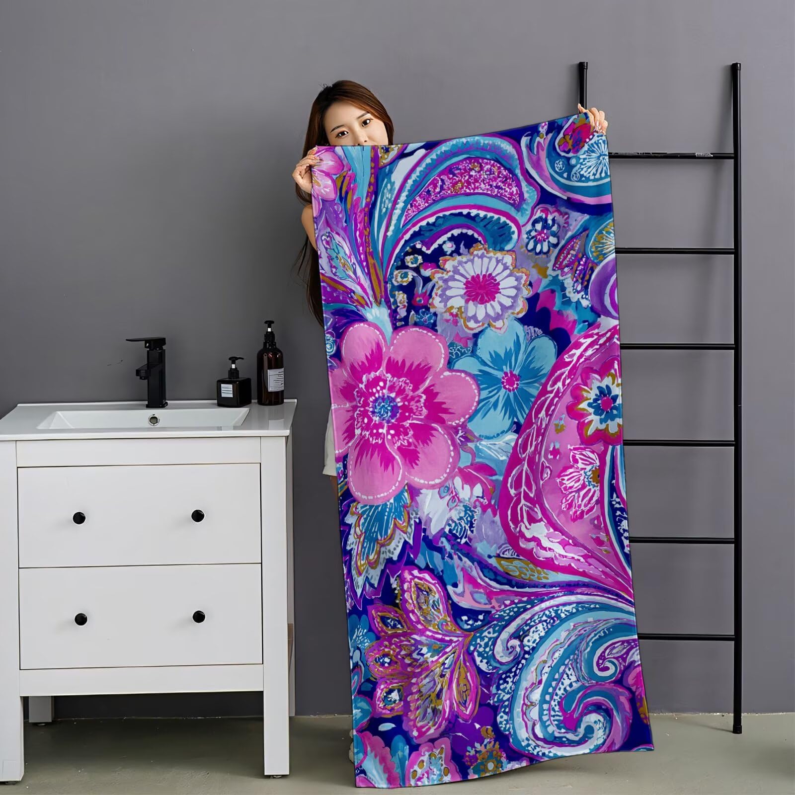 Ręcznik plażowy, kolorowy, z mikrofibry, 100 x 220 cm, abstrakcyjny, 2 sztuki, szybkoschnący, ultra cienki, lekki, kompaktowy, z torbą, dla kobiet i mężczyzn, na kemping, fitness, urlop YJ-977