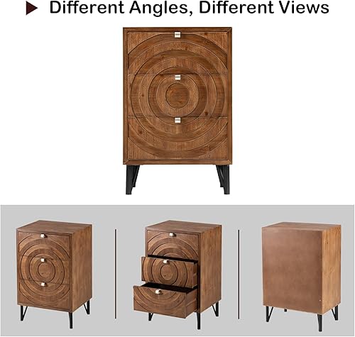 Miniatura 6 de HOMPUS Mesa auxiliar de 3 cajones con acabado de grano de madera, para sala de estar y dormitorio