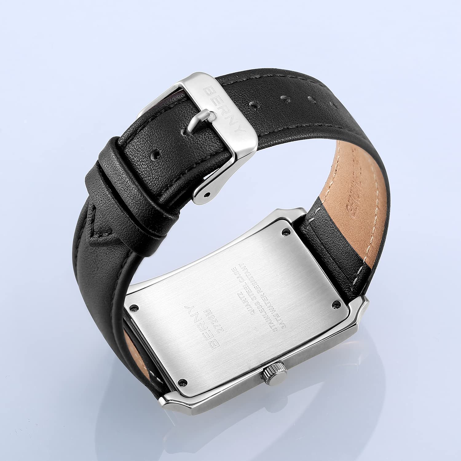 BERNY Orologi da uomo casual al quarzo cassa in acciaio inossidabile con cinturino in pelle rettangolare orologi da uomo (nero, bianco, grigio, oro rosa)