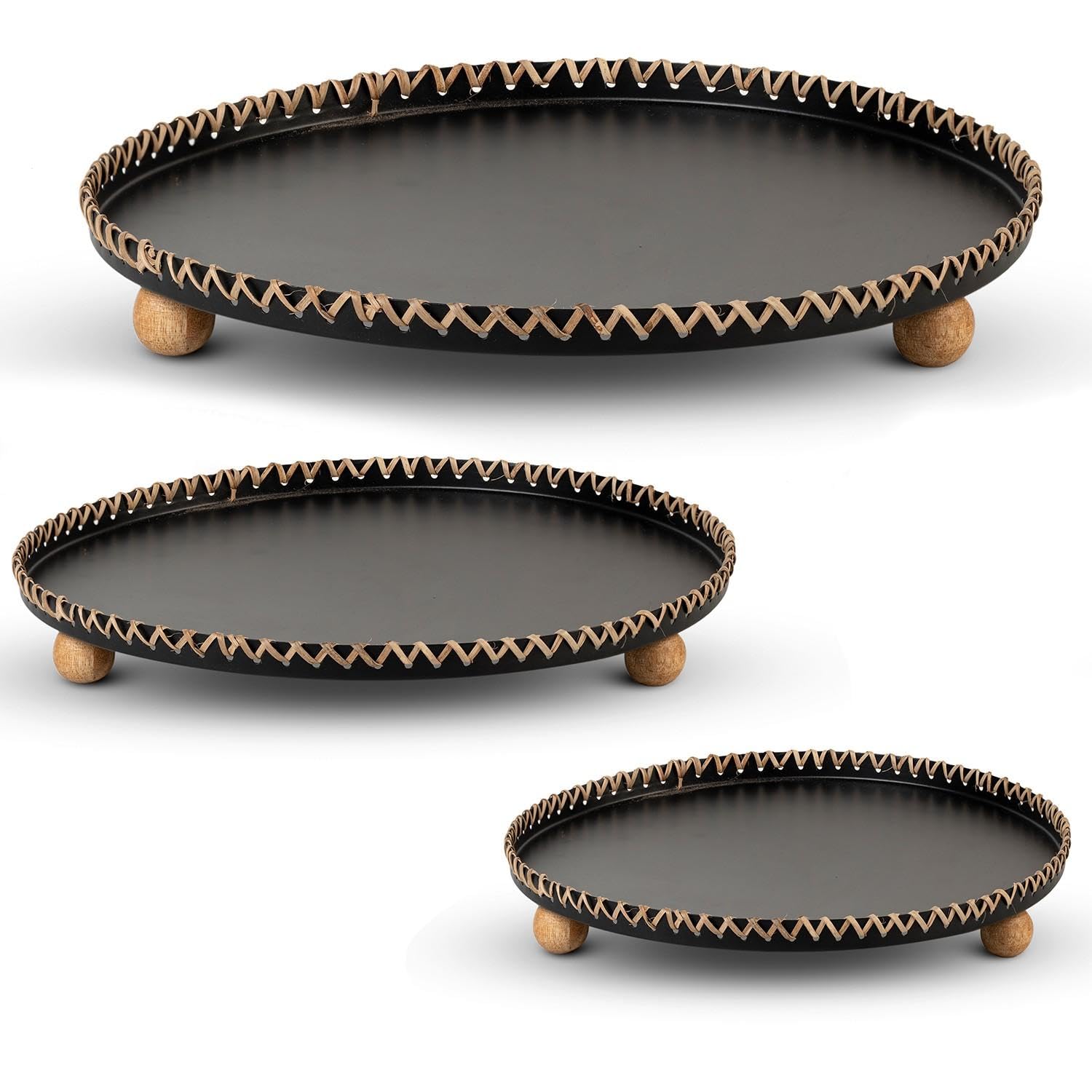 Plateaux décoratifs ronds en métal et bois noir lot de 3 pour table basse