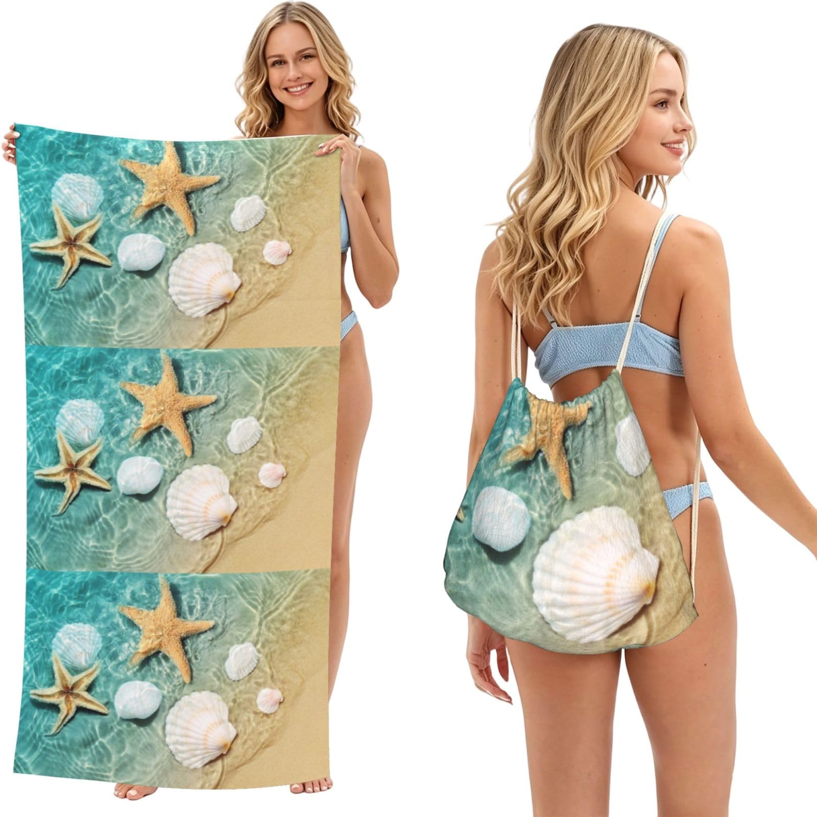 Poadnly As Picture Starfish And Seashell Pattern, 2 In 1 Packable Towel Bag, Beach Towels With Drawstring Backpack For Travel Holiday Camping