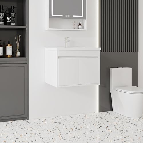 Miniatura 8 de Albriya Tocador de baño pequeño de 20 pulgadas montado en la pared, pequeño tocador de baño con fregadero de cerámica, tocador de baño moderno con