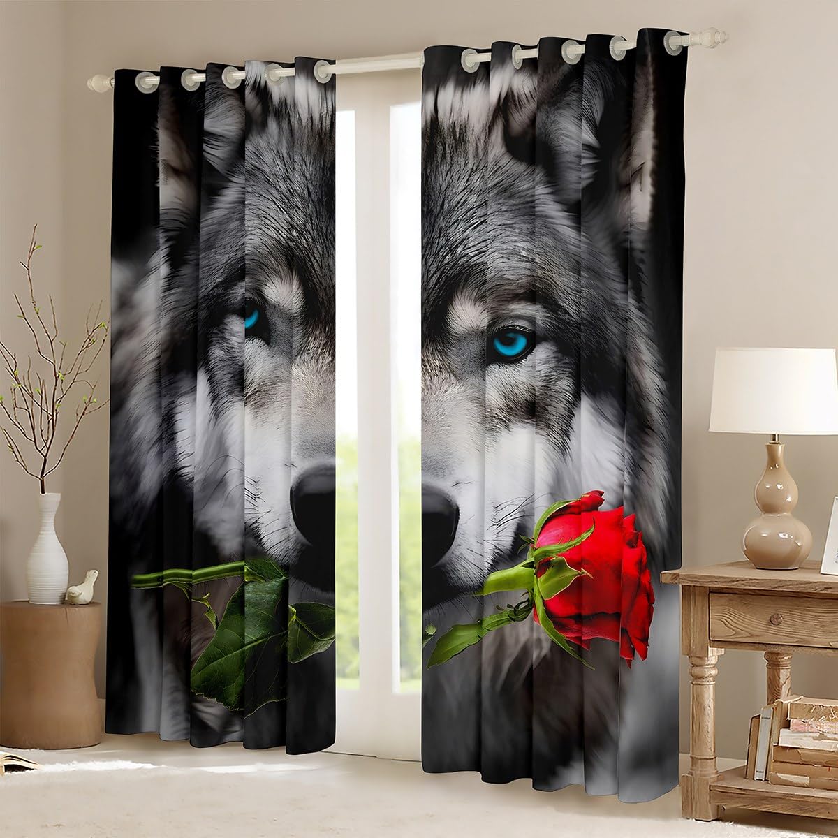 Feelyou Wolf Window Drapes Red Rose Curtains for Bedroom Living Room for Kids Boys Girls Children Safari Wild Animal Window Curtains Wildlife Snow Wolf Window Treatments, 42x63 Inches,2 Panels