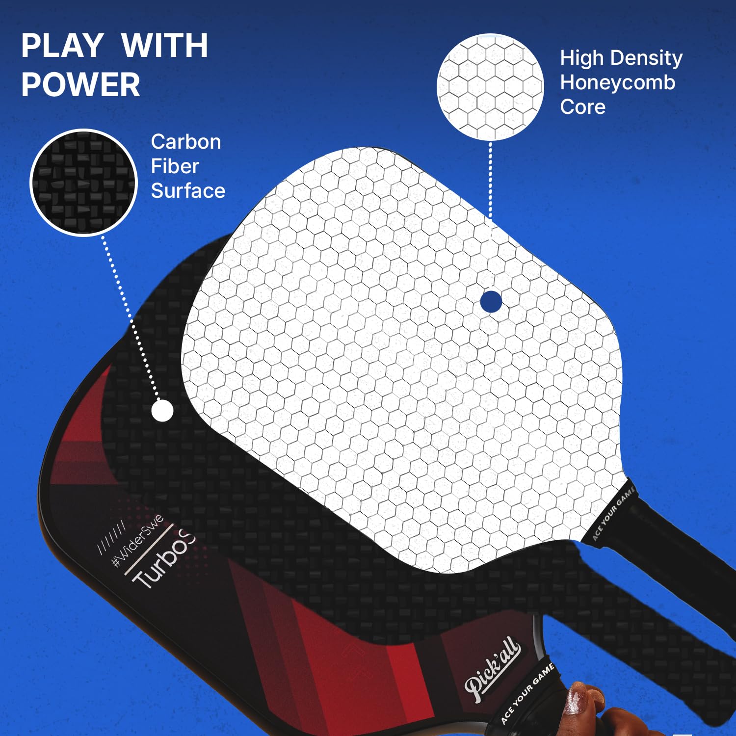 Pick’all Raw Carbon Fiber Strong Spin & Power Surface | Thermoformed Wide Face 16MM Advanced Series Pickleball Paddle - Turbo Strike 1