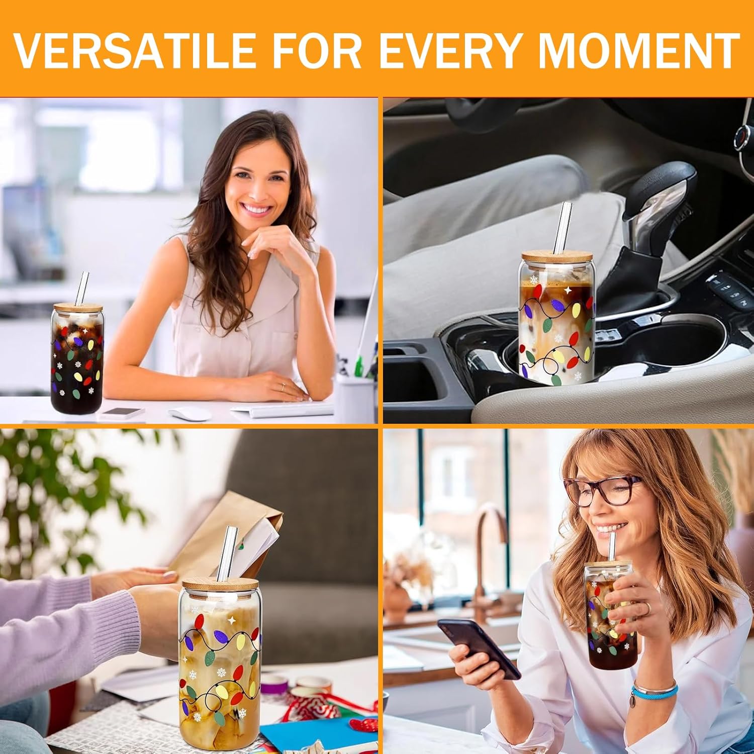 Color Changing Christmas Cup, Christmas Glass Cups with Lids and Straws, 18oz Iced Coffee Cup, Reusable Travel Coffee Mug for Holiday Gifts - Image 4