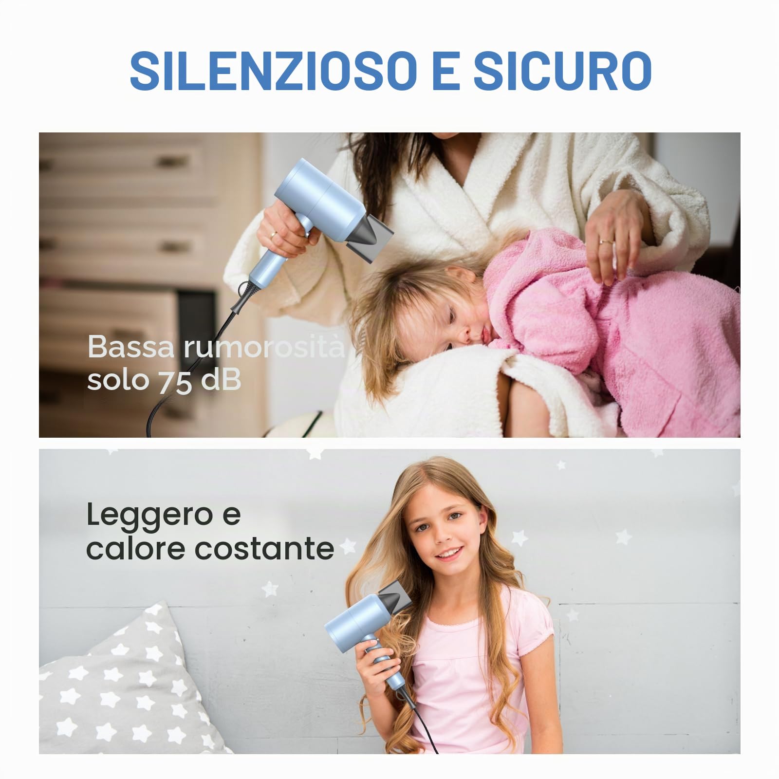 Asciugacapelli agli ioni di litio, motore AC 1800 W, slopehill, asciugatura rapida, asciugacapelli con tasto caldo/freddo, 3 asciugacapelli e diffusori, 3 impostazioni di temperatura, 2 marce (blu