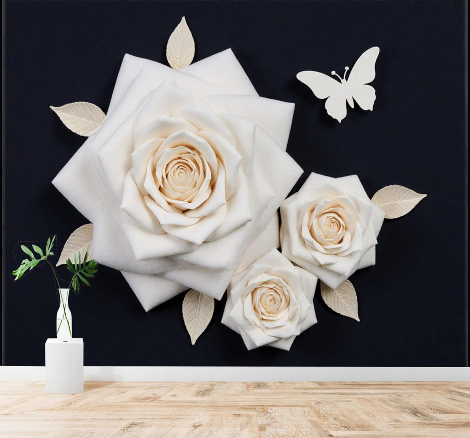 Tzxztt Minimalist Black Three Dimensional Butterfly White Rose Modern 3D Wallpaper Premium Textured Silk Neutral Tones Material Ideal for Living Room Bedroom-300cm×210cm