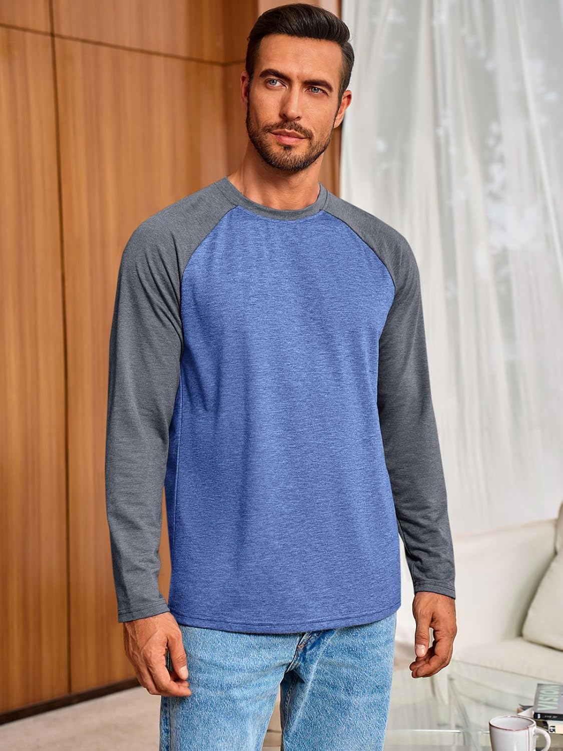 Runcati Mens Baseball Shirt Casual Raglan Long Sleeve Crewneck Graphic T-Shirt Lightweight Vintage Tops - Image 2