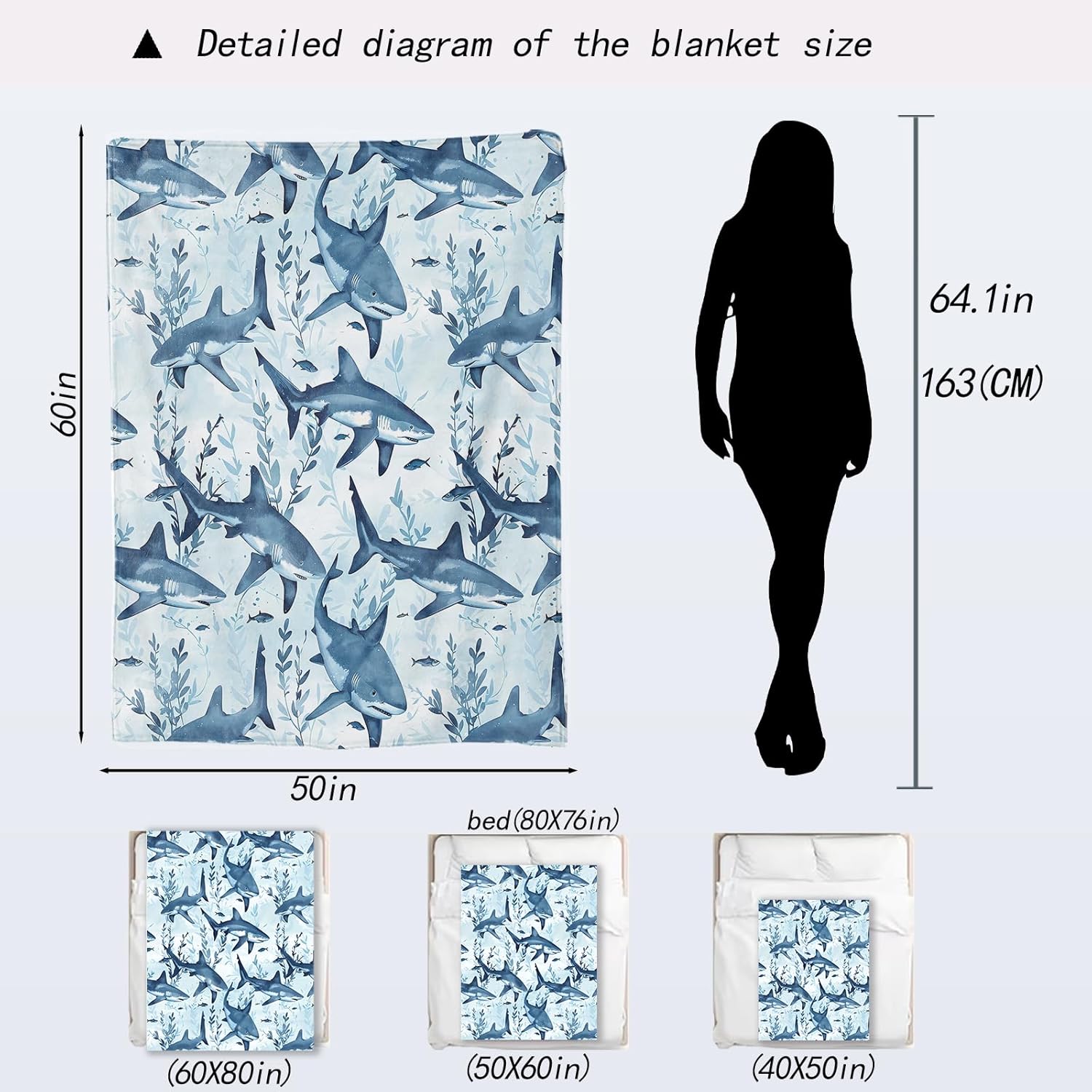 Ocean Blue Shark Flannel Blanket - Marine Life Fish Throw,Gifts for Women & Stylish Lovers, Ultra Soft & Warm,Lightweight, for Couch Bedroom Living Room Classic Decor 50x60in - Image 2