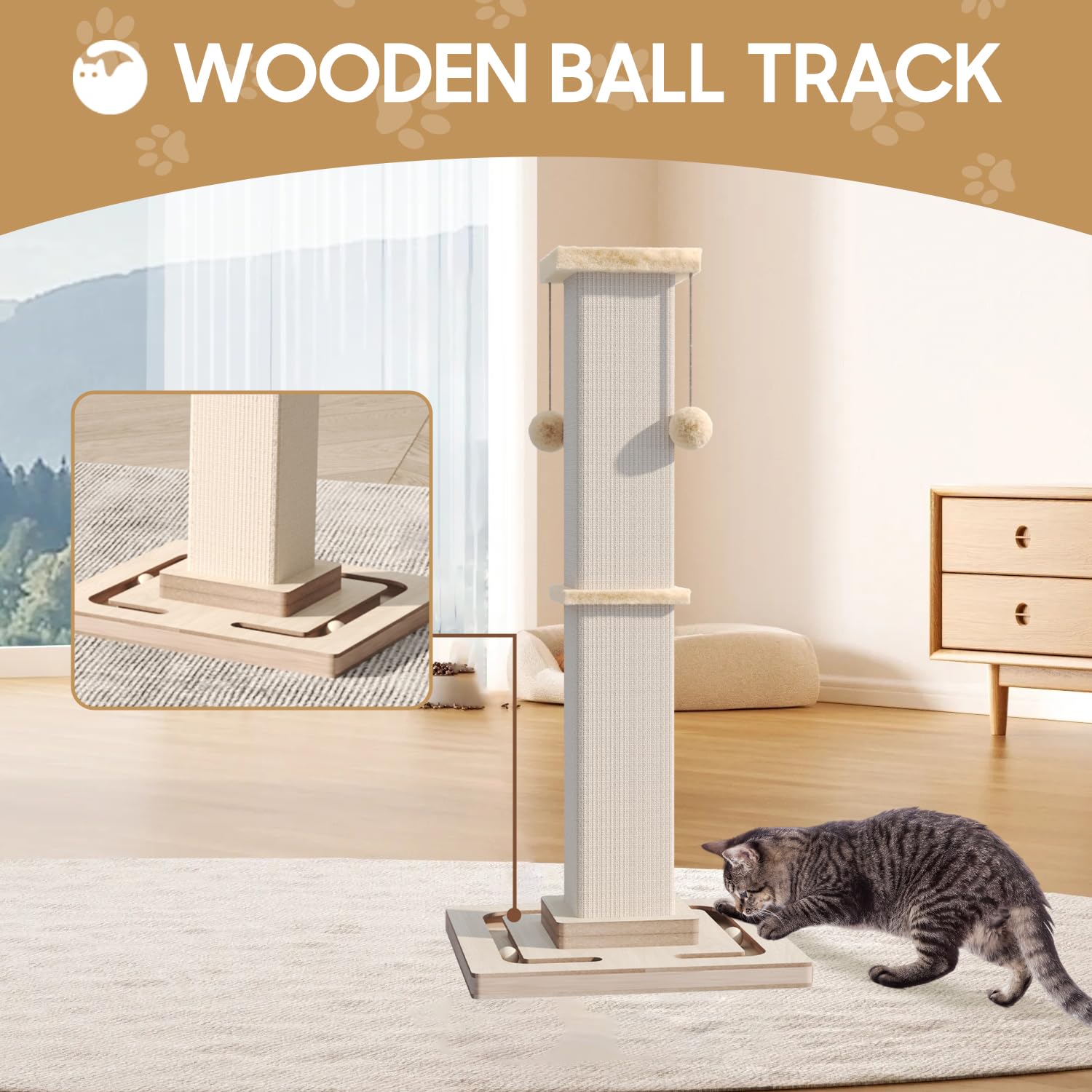 Large Cat Scratching Post, 32 Inch Tall Heavy Duty Scratching Post with Tracking Interactive Toys for Indoor - image 5