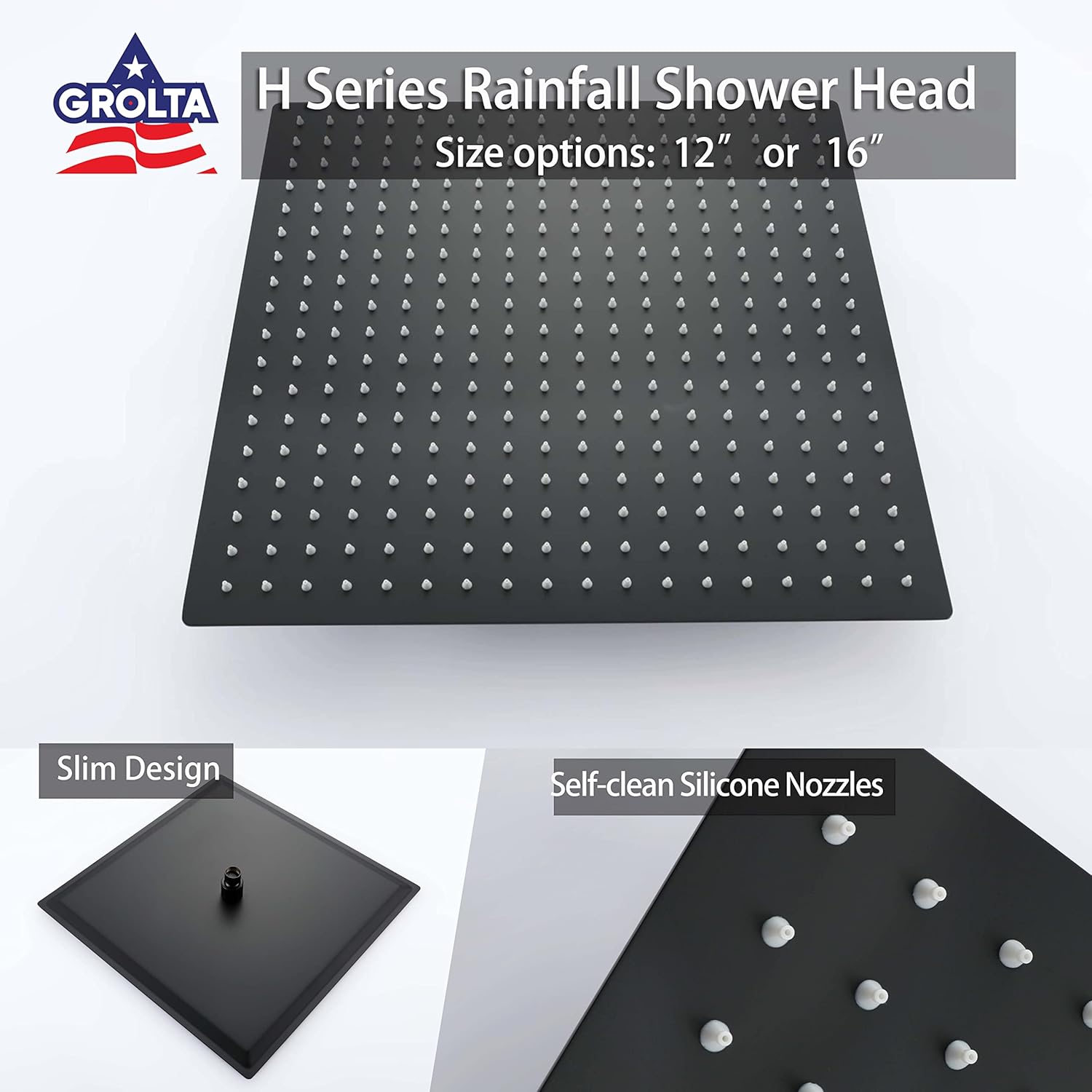 Matte Black Wall Mounted 16 Inch Rainfall Shower Head 3 Way Thermostatic Shower Faucet with Sliding Bar and 6 Body Jets Each Function Work All Together and Separately