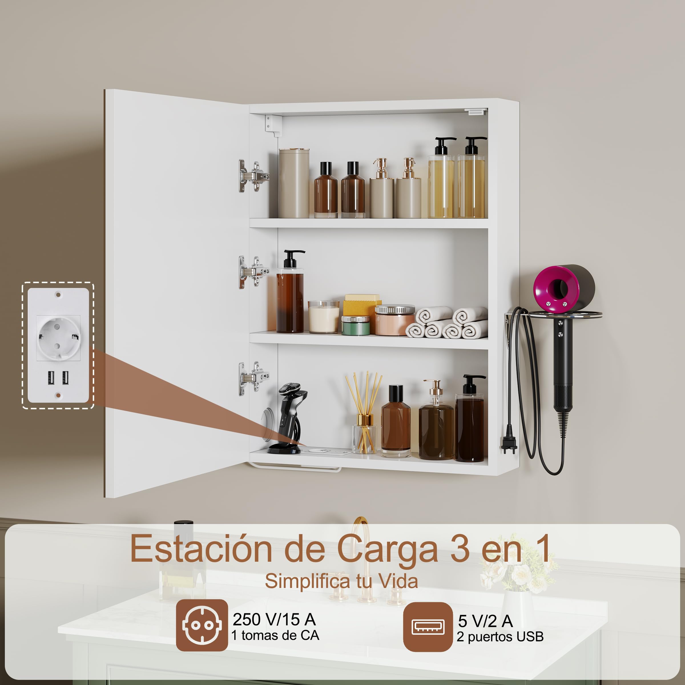 Armario Baño con Espejo LED iluminación y Función de Desempañado Armario de Pared Colgante con Enchufe Soporte para secador de Pelo y 2 Estanteria Ajustables 45 * 15 * 60 cm Blanco