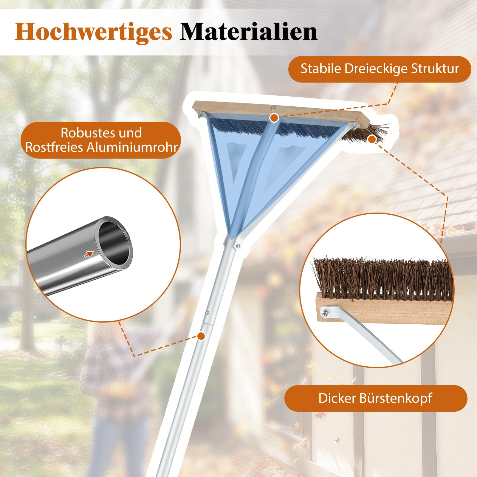 GYMAX verstellbares Dachbesen 165-626 cm, Gartenharke mit Bürstenkopf & Rutschfester Griff, Laubrechen für Landschaftspflege Gartenpflege