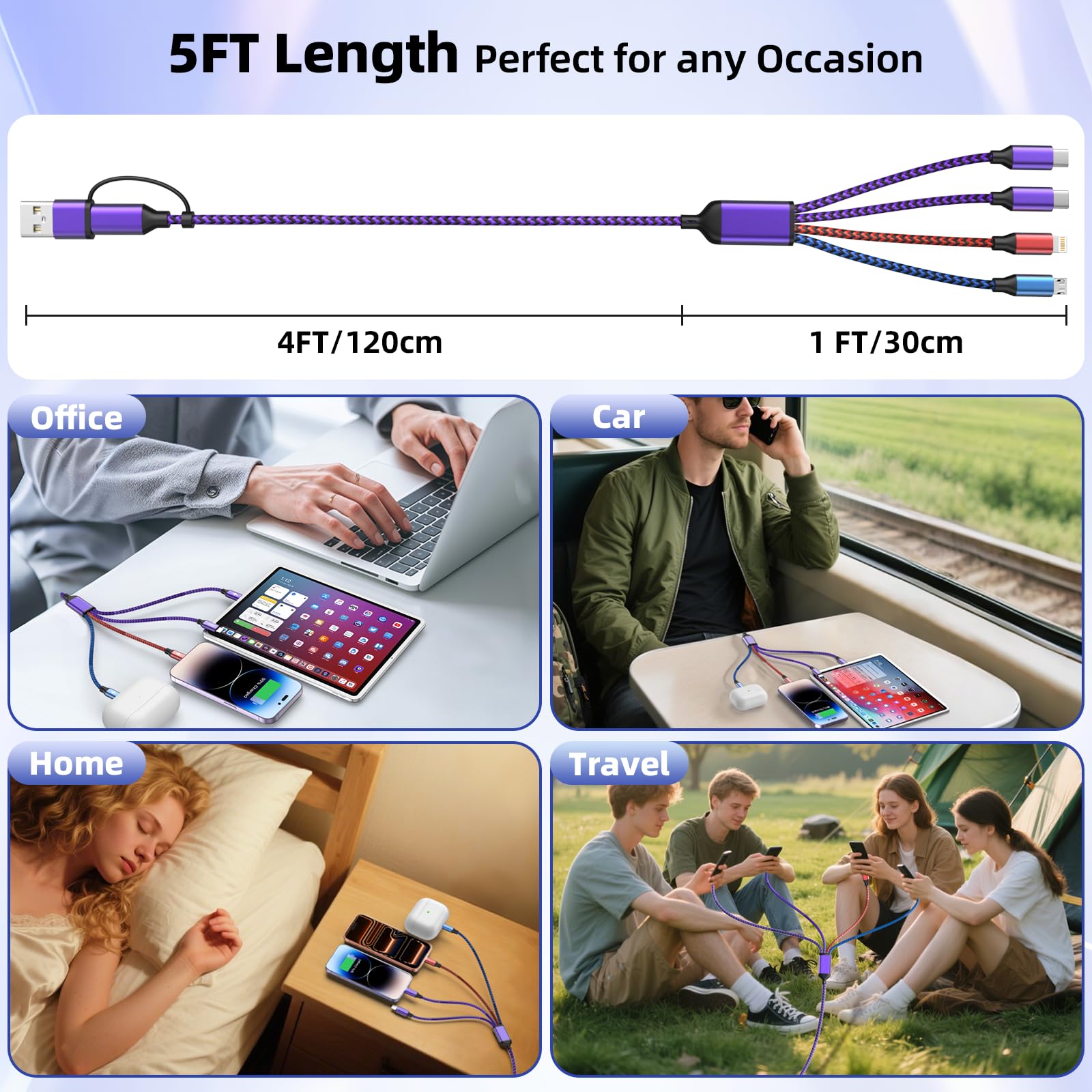 Cavo di ricarica USB multiporta, viola, confezione da 2, 1,5 m, 4 in 2, cavo in nylon intrecciato con Lightning, Tipo-C, connettori micro USB,