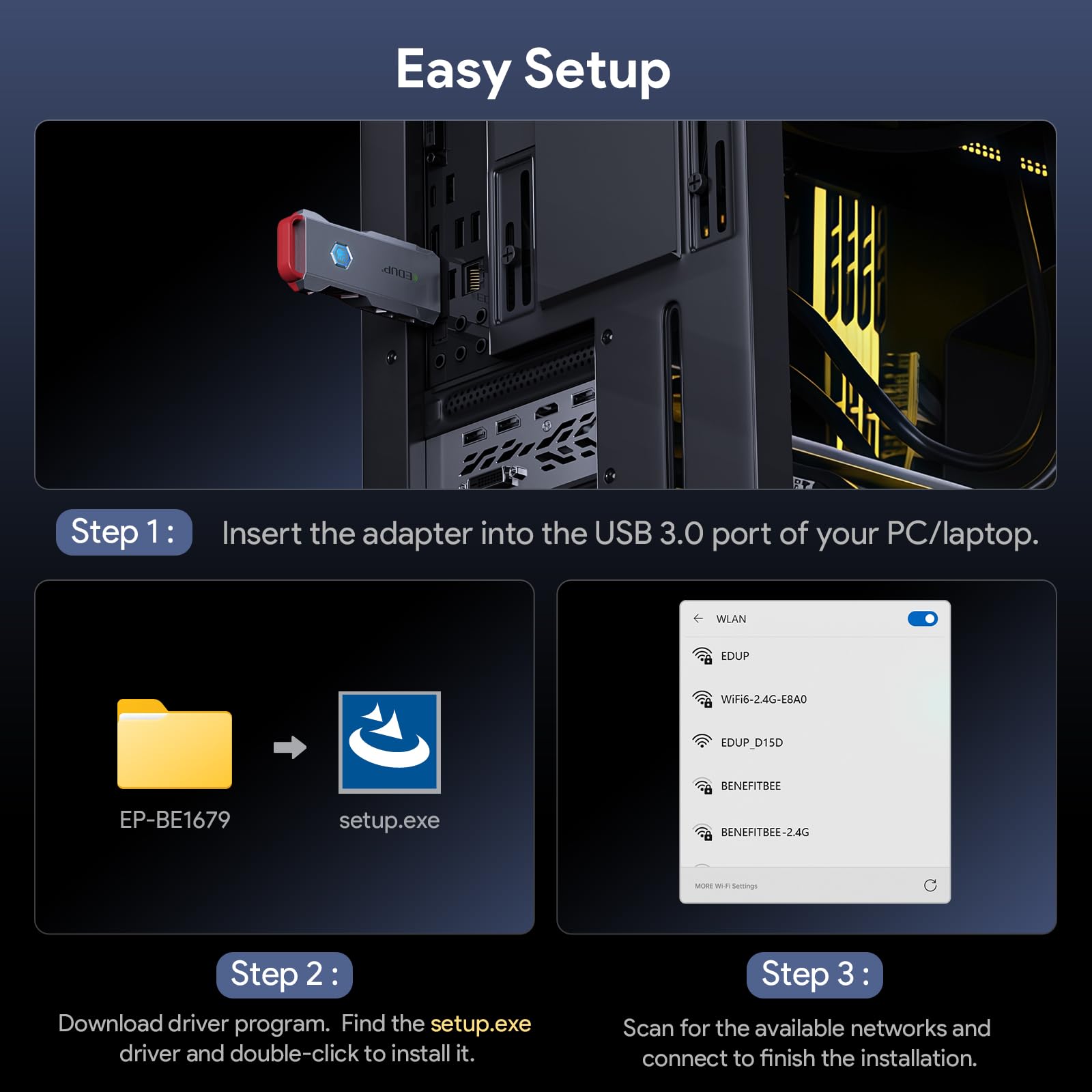 EDUP Adattatore USB WiFi 7 per PC, USB 3.0 Wi-Fi 7 Dongle BE6500Mbps, Tri-Band 6GHz/5GHz/2.4GHz, scheda di rete WiFi 7 per giochi, compatibile con Windows 11 e Linux Kernel 6.7+