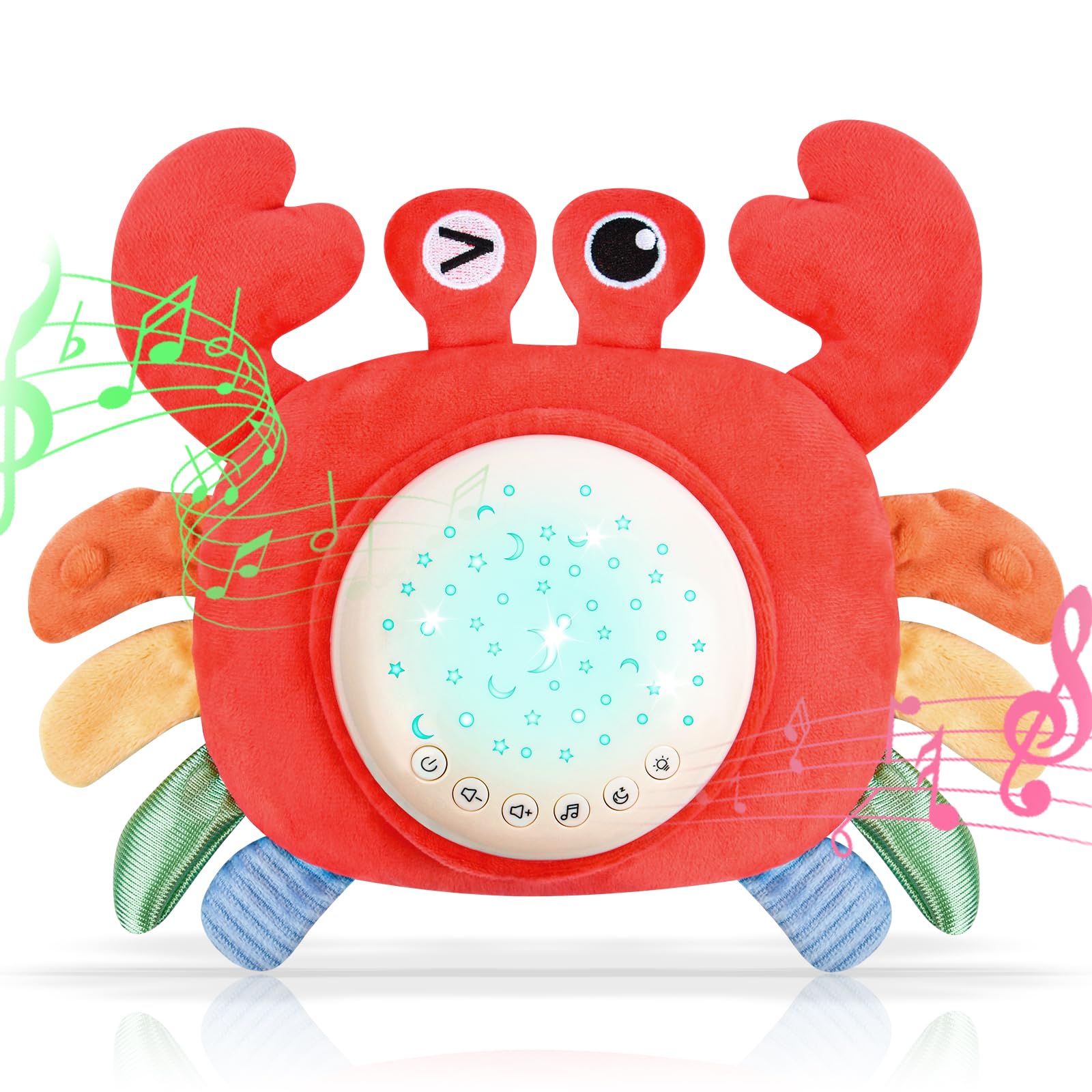 Cangrejo Musical Proyector Juguetes, con 3 Modos de Ruido Blanco Bebe y 10 Nanas para Dormir Bebe, Cangrejo Peluche Musical，Cangrejo para Aliviar La Ansiedad, con Sonidos y Luces Relajantes