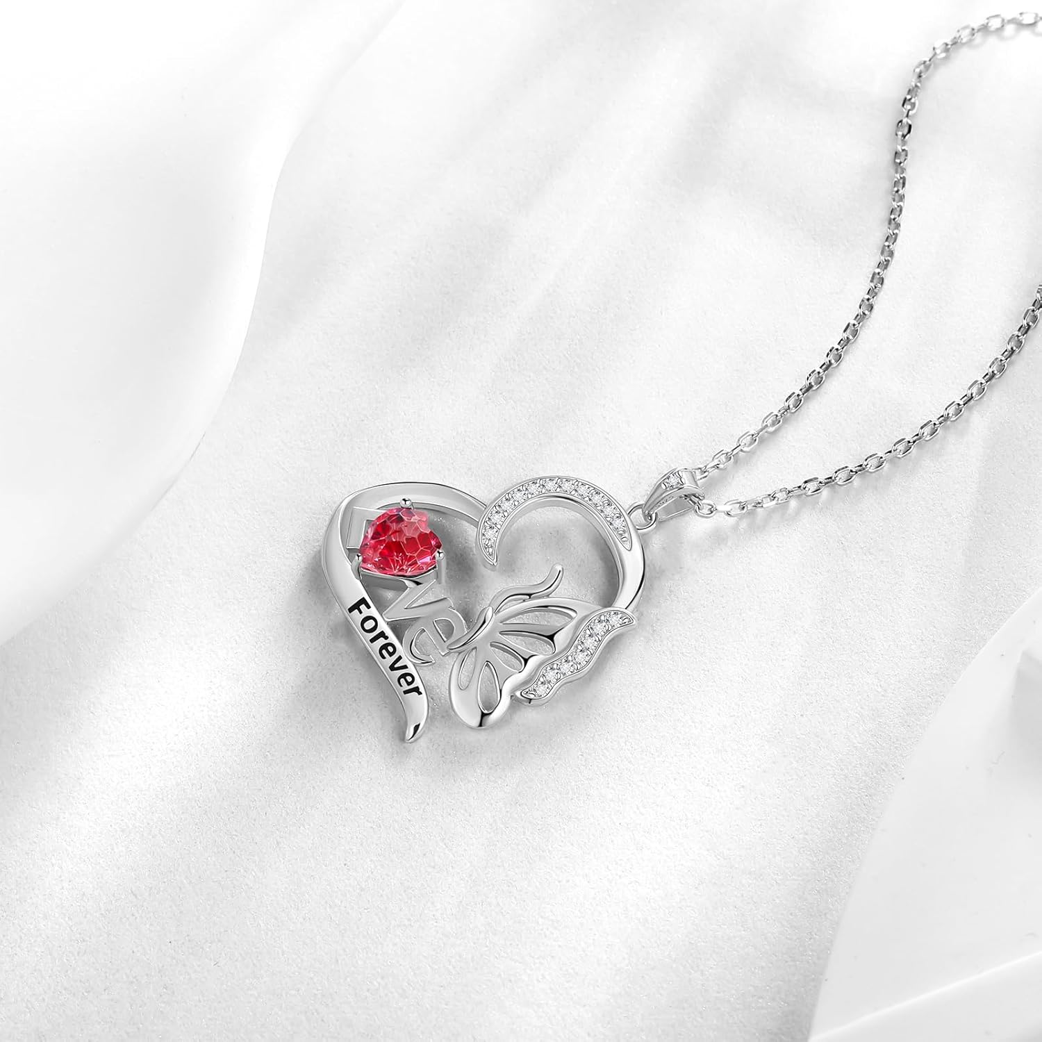 Aurora Tears Birthstone Love Heart Butterfly Pendant Necklace - 925 Sterling Silver Firework-Cut Cubic Zirconia Love Forever Necklace Anniversary Birthday Jewelry Gift for Women Wife Mom Daughter - Image 2