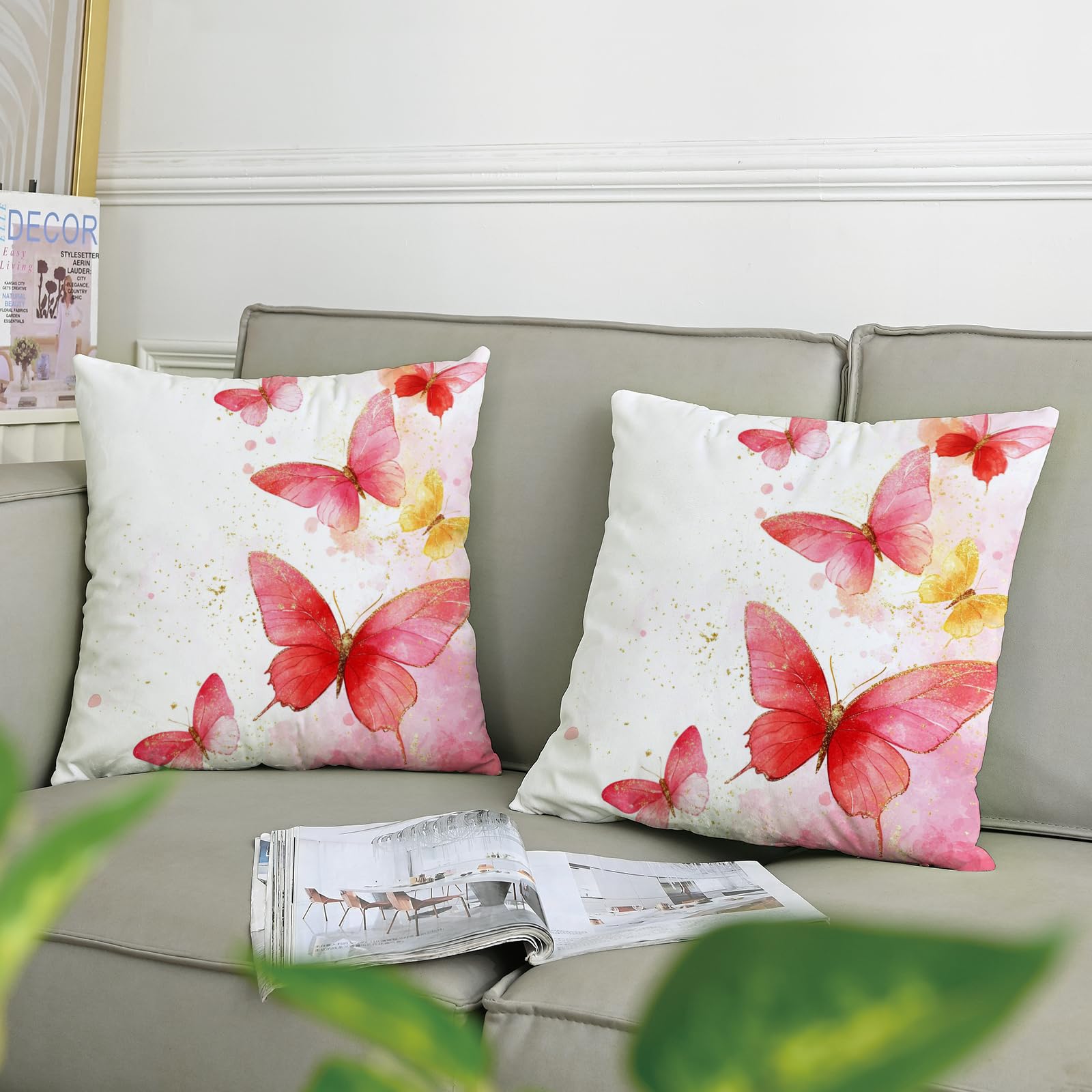 GDHBLING Peach Cute Butterflies Throw Pillow Covers 18x18 Set of 2, Soft Cute Kawaii Kids Pillow Cases Kit with Zipper, Fun Girls Boy Velvet Decor for Couch Sofa Living Room Bed