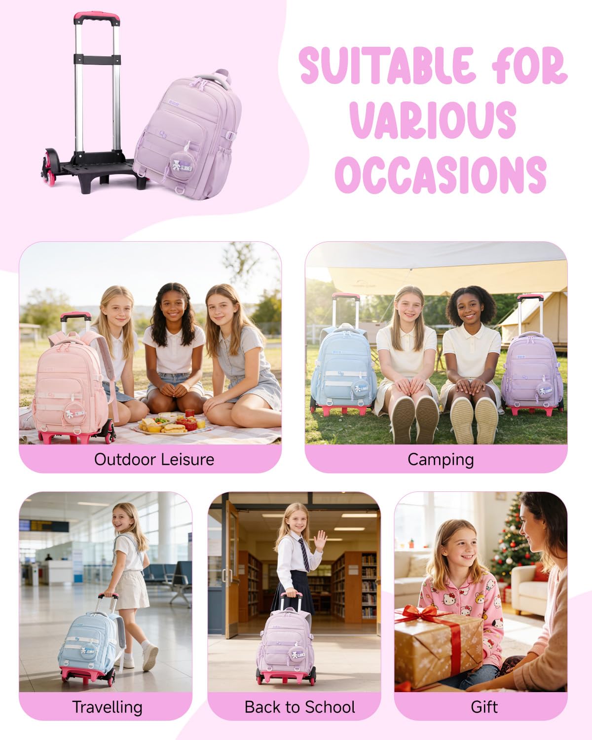 Amythe Mochila Escolar con Ruedas para Niña, Mochila Colegio Niña con Carrito Desmontable 6 Ruedas, 21L Mochilas Primaria Grande con Carro para Chicas 9-16 Años, Morado