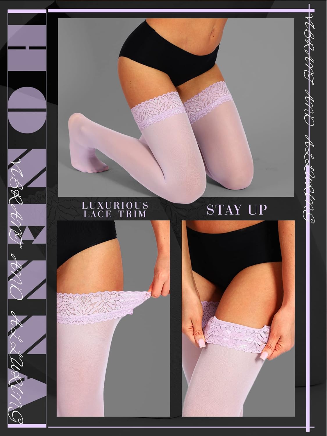 HONENNA Semi Sheer Stay Up Lingerie Thigh High Stockings Lace Top Size A-F - Image 4