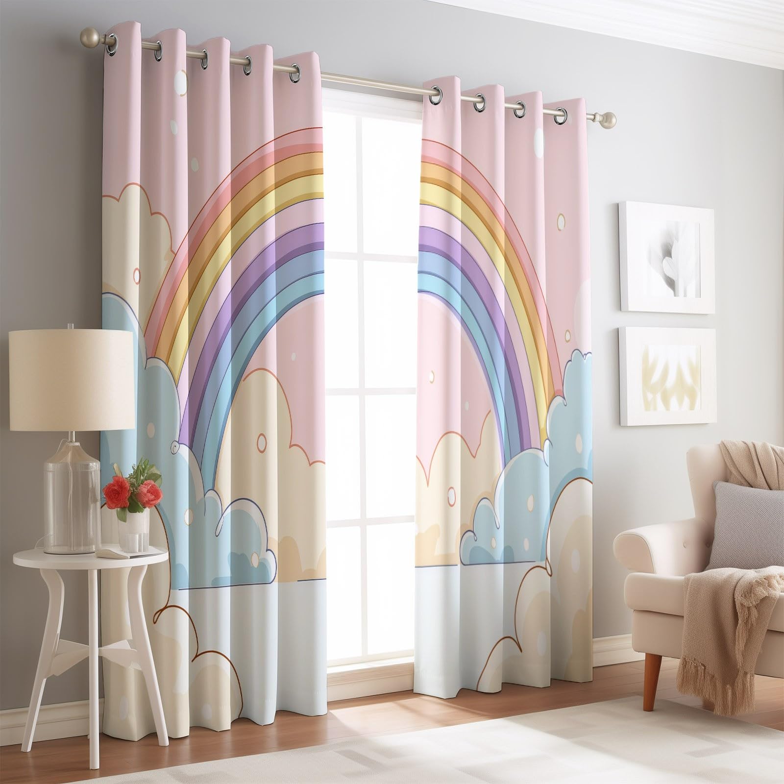 91.5L X 214H cm (2 Panneaux) Rideau Occultant Thermiques, Dessin Animé Doubler Nuages Imprimé Rideau pour Salon Chambre Fenetre Cuisine Coloré Rideaux et Draperies Oeillets