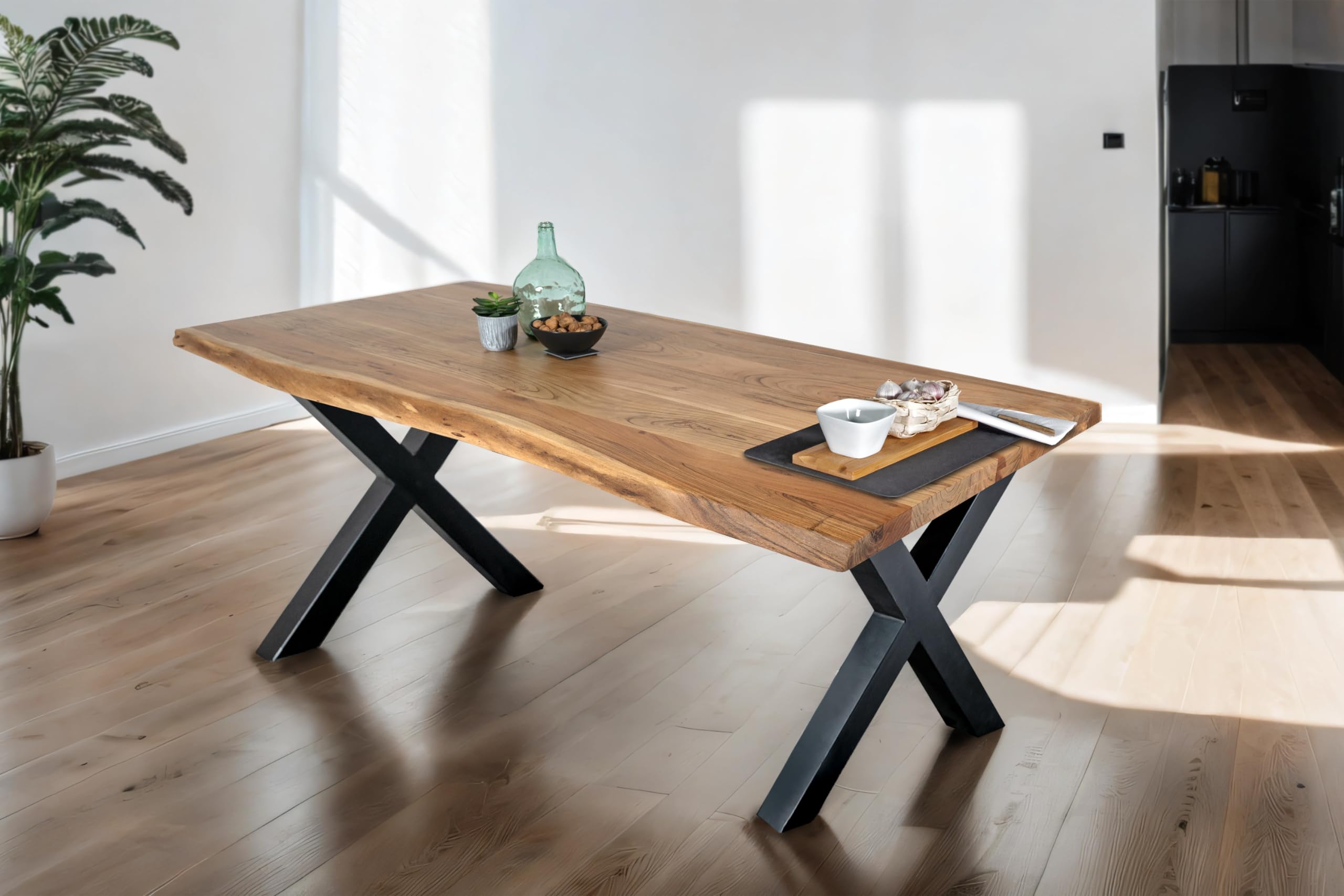 SAM Esstisch Tomaso 120x80 cm Akazie Natur Baumkante X-Gestell schwarz