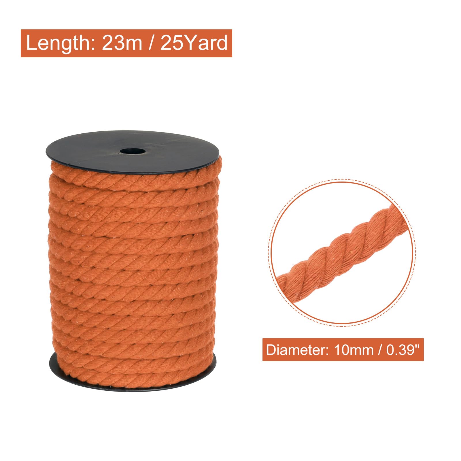 MECCANIXITY Cotton Rope 3 Strand Twisted Braided Rope Cord, Orange 10mm x 75ft Craft Rope Cord Cotton for Wall Hanging, Plant Hanger, Knitting, Macrame Knotting