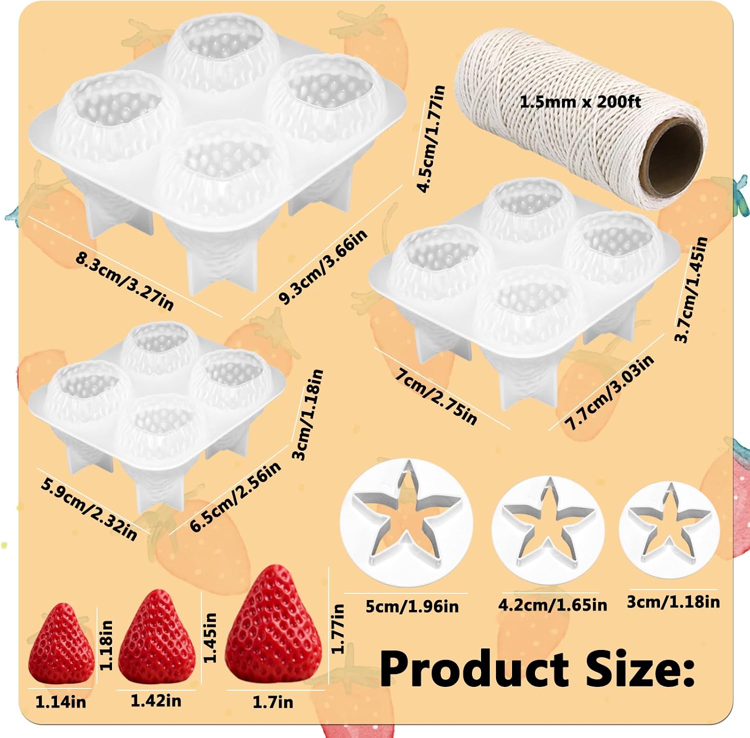 3D Strawberry Grapes Soap Mold, 3 Pcs Strawberry Silicone Scented Candle Soap Mold with 3Pcs Leaf Mold 200Ft White Cotton Rope for Soap Candle Making Gift