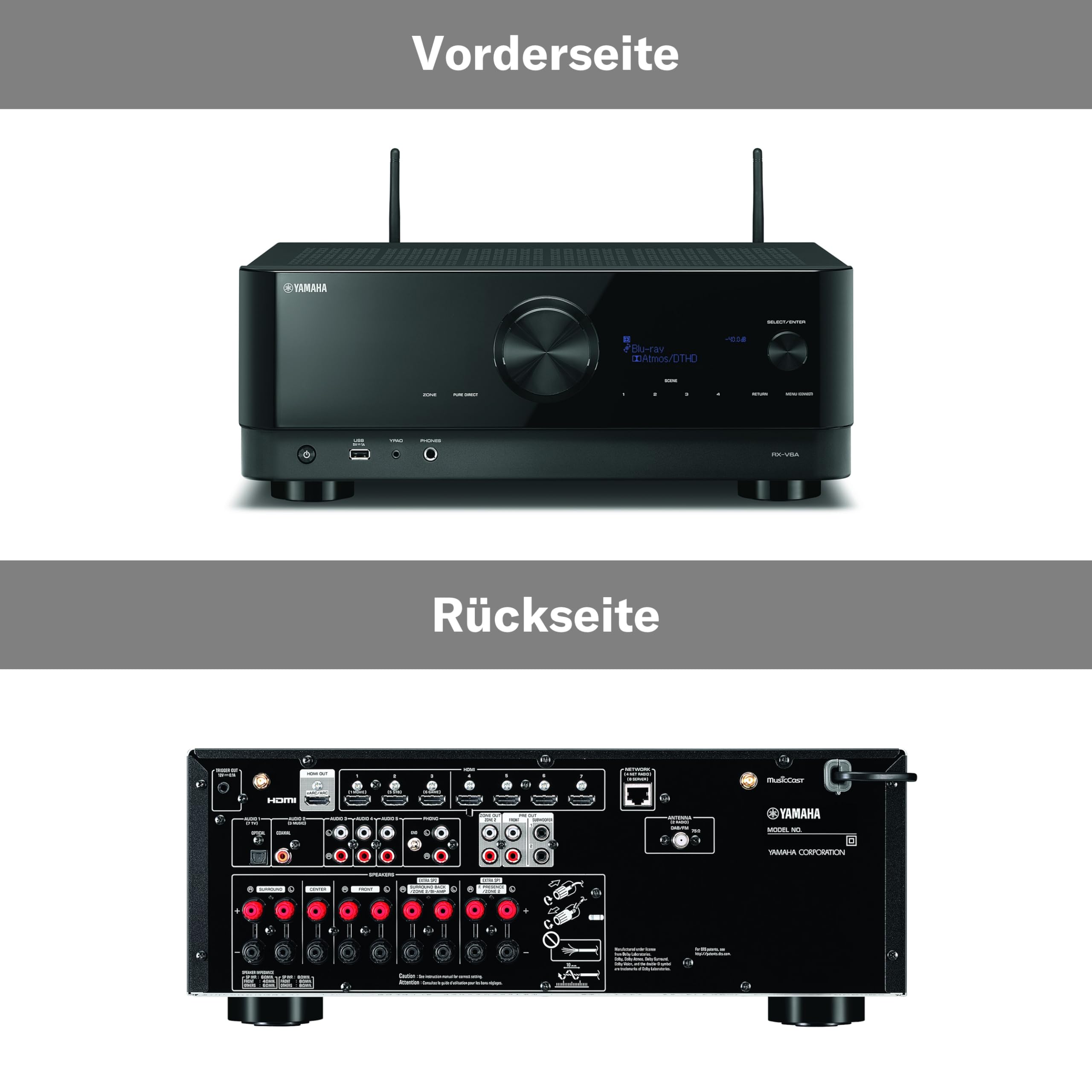 Yamaha AV-Receiver RX-V6A schwarz – Netzwerk-Receiver mit Dolby Atmos Height Virtualizer, Gaming spezifischen Funktionen und Voice Control Systemen – Allround-Talent mit 7.2 Kanälen