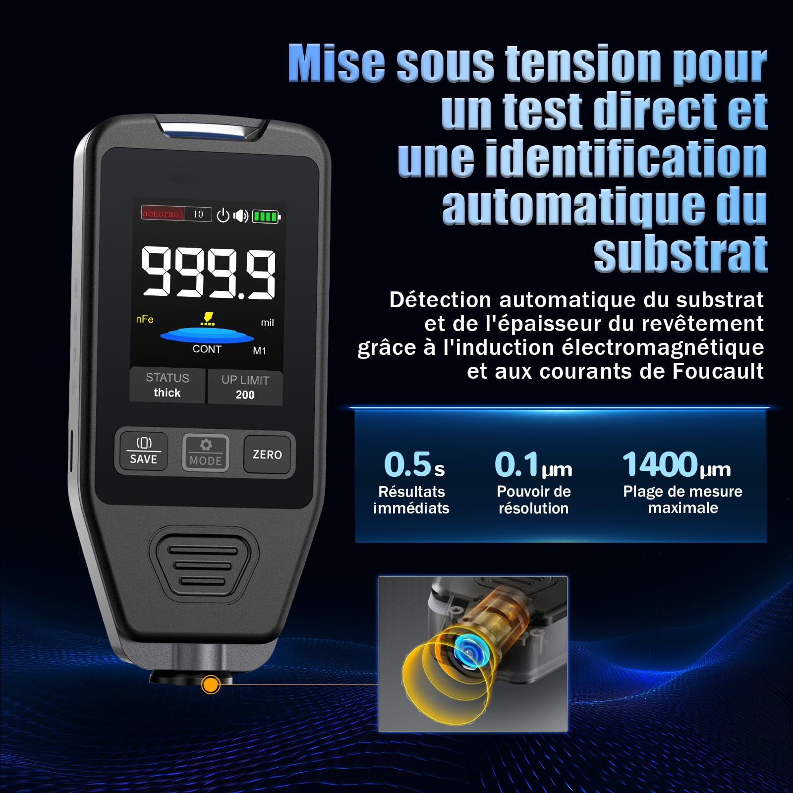 CTG-20 Jauge d’Épaisseur de Peinture pour Voiture, Fe/NFe/Fe+Zn, 0-1400μm Testeur Revêtement Carrosserie, Précision ±(3%+2 μm), Résolution 0,1μm, Deux Modes de Mesure, Étalonnage Zéro/Multi-points