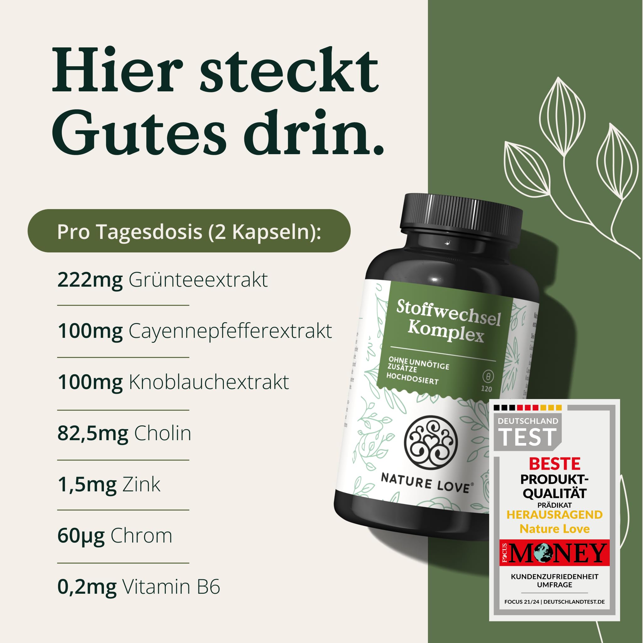 NATURE LOVE® Stoffwechsel Komplex – 120 Kapseln – Grünteeextrakt, Zink, Chrom, Vitamin B6, Cayennepfeffer und Cholin – hochdosiert, vegan