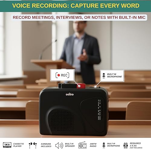 Miniatura 5 de Reproductor de cinta de casete Funciona con pilas portátiles Radios portátiles AM FM con altavoz integrado, grabadora de voz de cinta, VAS, BLACK