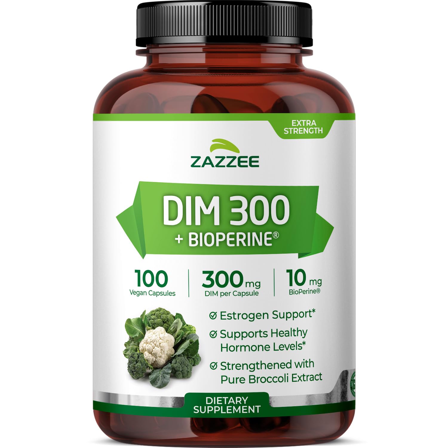 Zazzee DIM 300 mg Per Capsule, 100 Count, Plus 10 mg BioPerine, Estrogen Balance, Hormonal Acne, Menopause Support, Hormonal Balance, Diindolylmethane, Vegan, All-Natural, Non-GMO, Made in The USA