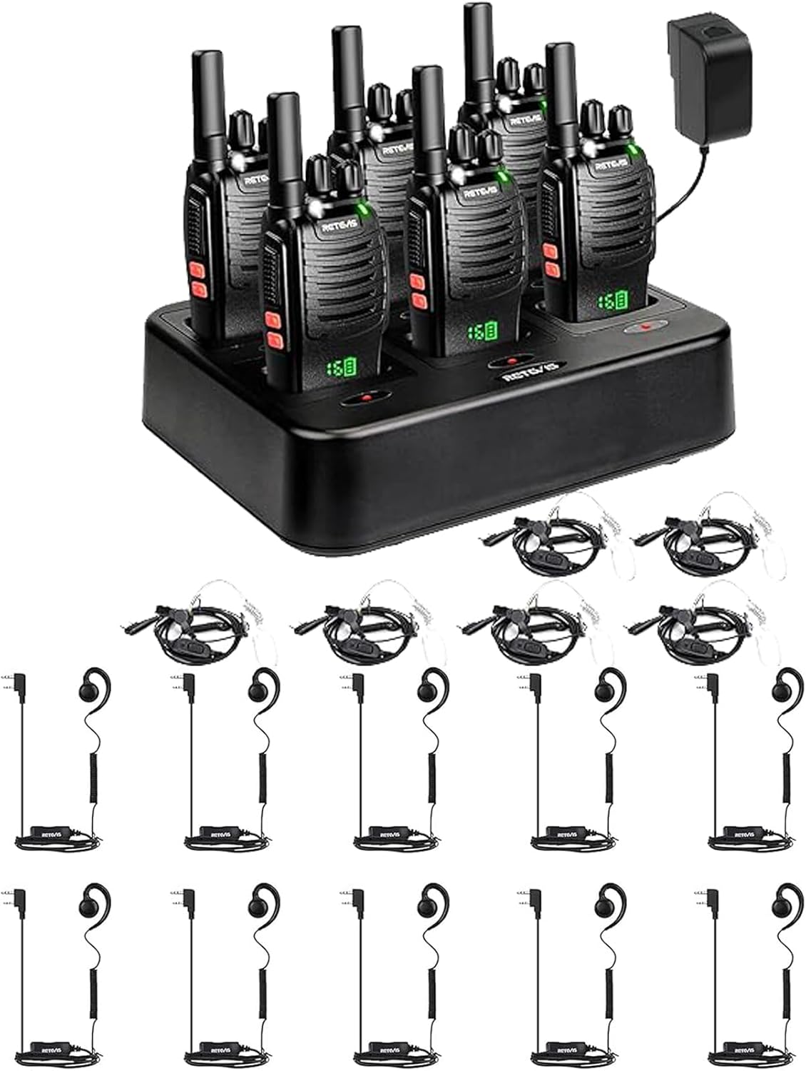 Retevis H-777H Walkie Talkies(6 Pack) with Walkie Talkie Earpiece with Mic(10 Pack), 2 Way Radios with Earpiece,Hidden LED Segment Displays,Flashlight,USB-C,VOX