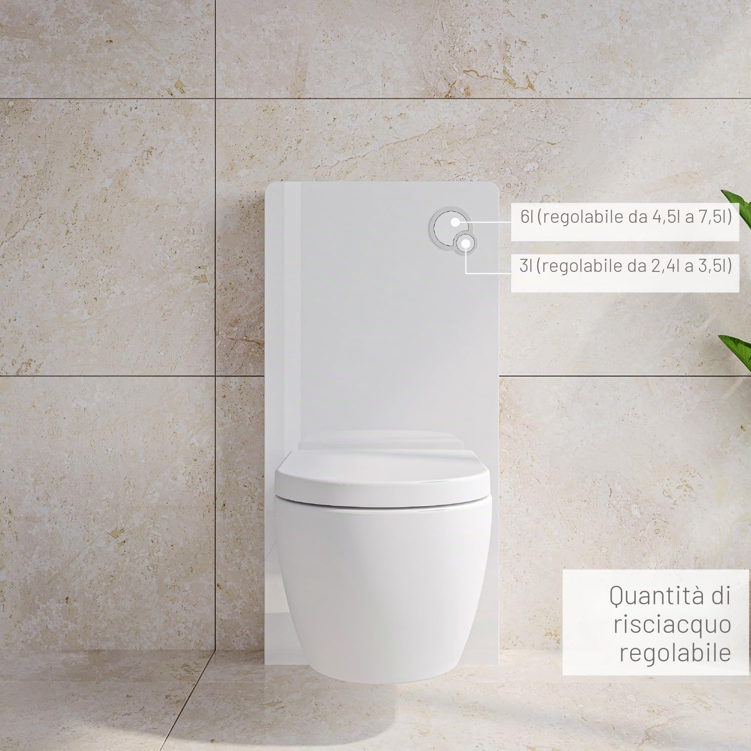 Sistema modulo sanitario 805 di installazione per WC vaso sospeso a parete esterno- con pulsante di scarico - in alluminio e vetro bianco - cassetta monoblocco - bella e funzionale