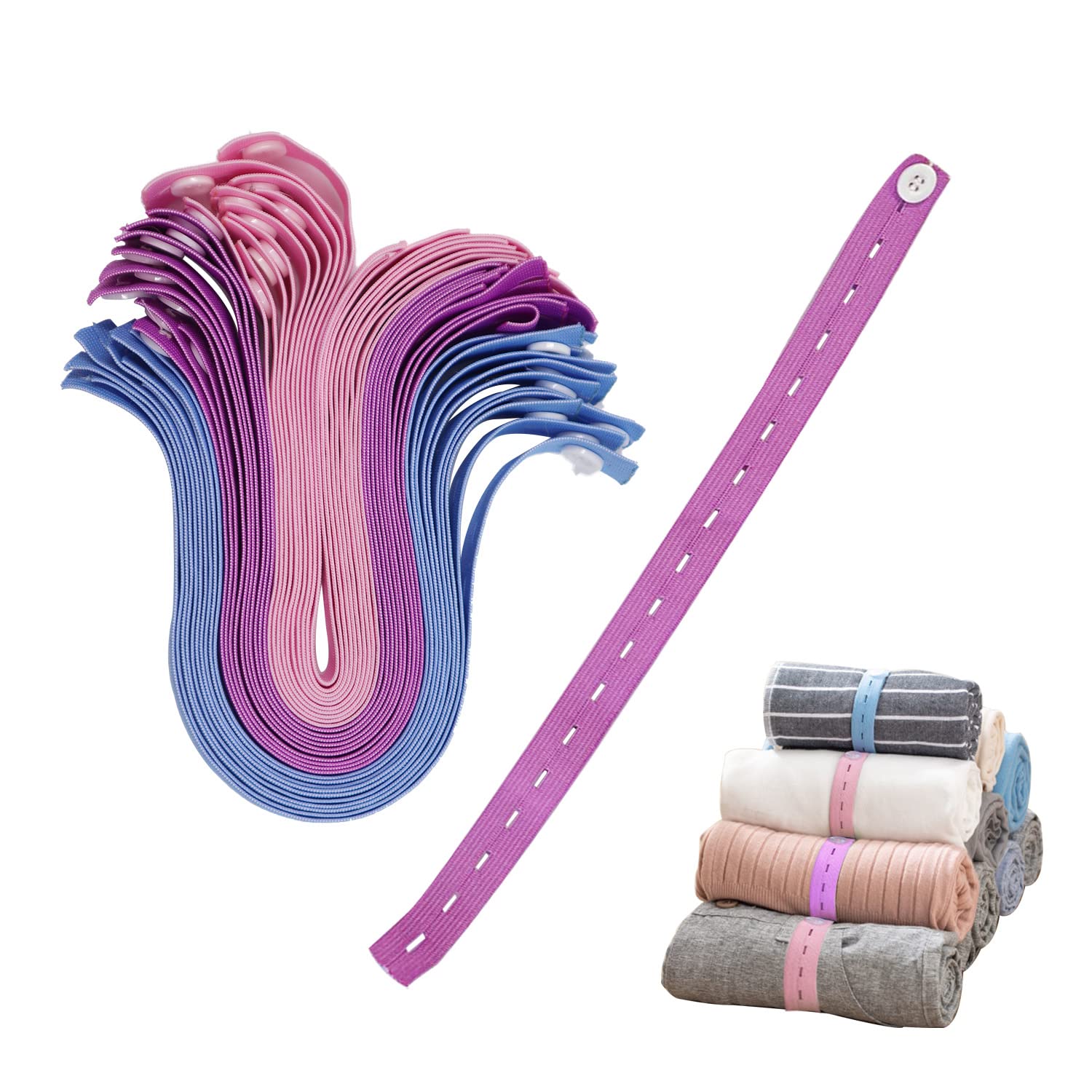 YANQINQIN 50Pcs Clothes Storage Elastic Band, Self-Adhesive Roll Binding Belt for Clothing Storage with Buckle