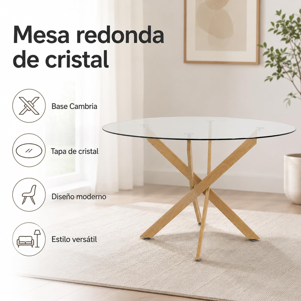 Mesa de Comedor Redonda 120 cm – Mesa de Cocina de Cristal Templado para 4-6 Personas – Mesa Redonda Moderna con Patas de Acero, Montaje Fácil, Carga 70 kg, Cambria